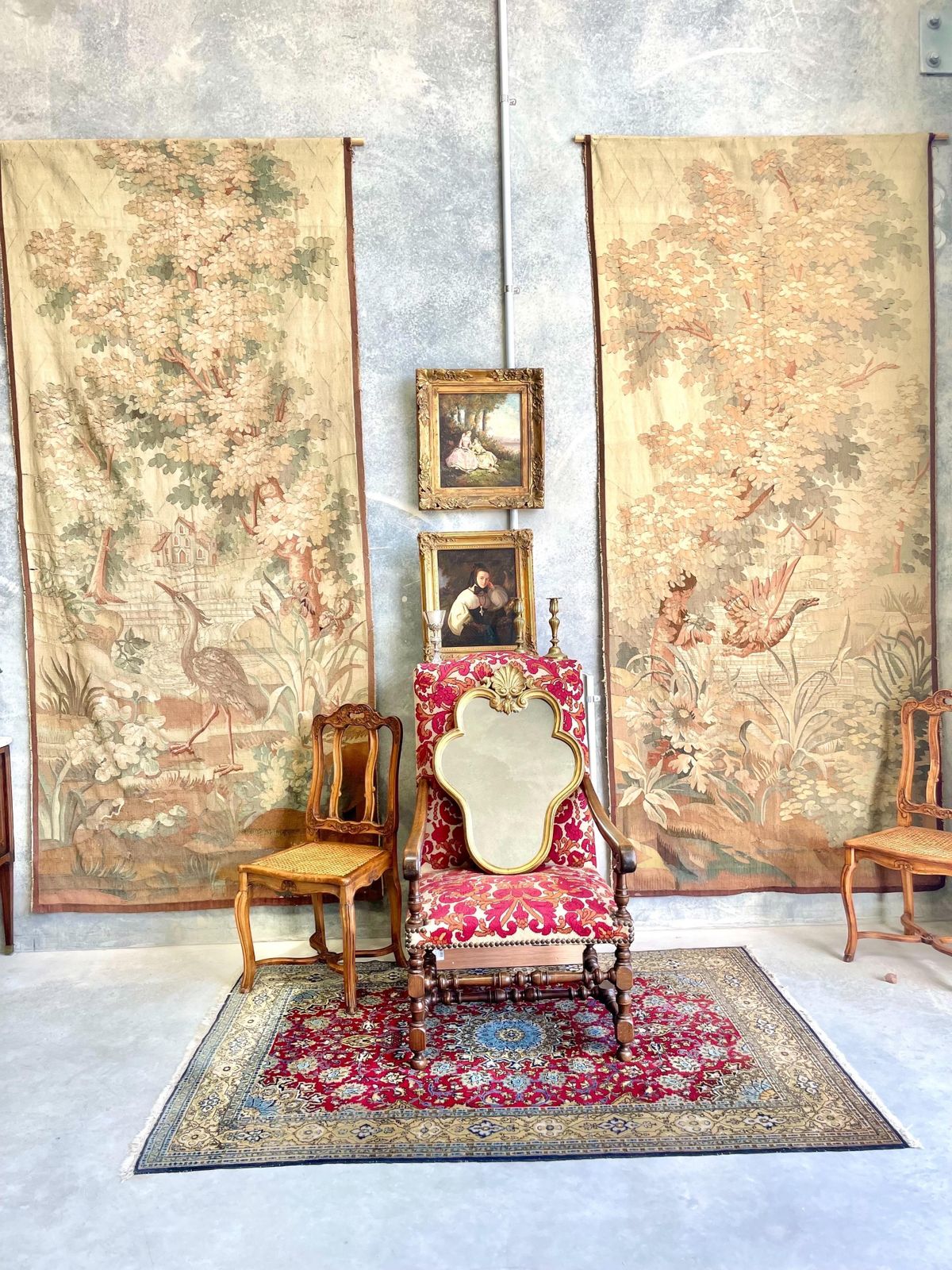 19th Century Rare Pair Of Large Aubusson Verdure Tapestries With Heron And Duck photo furniture