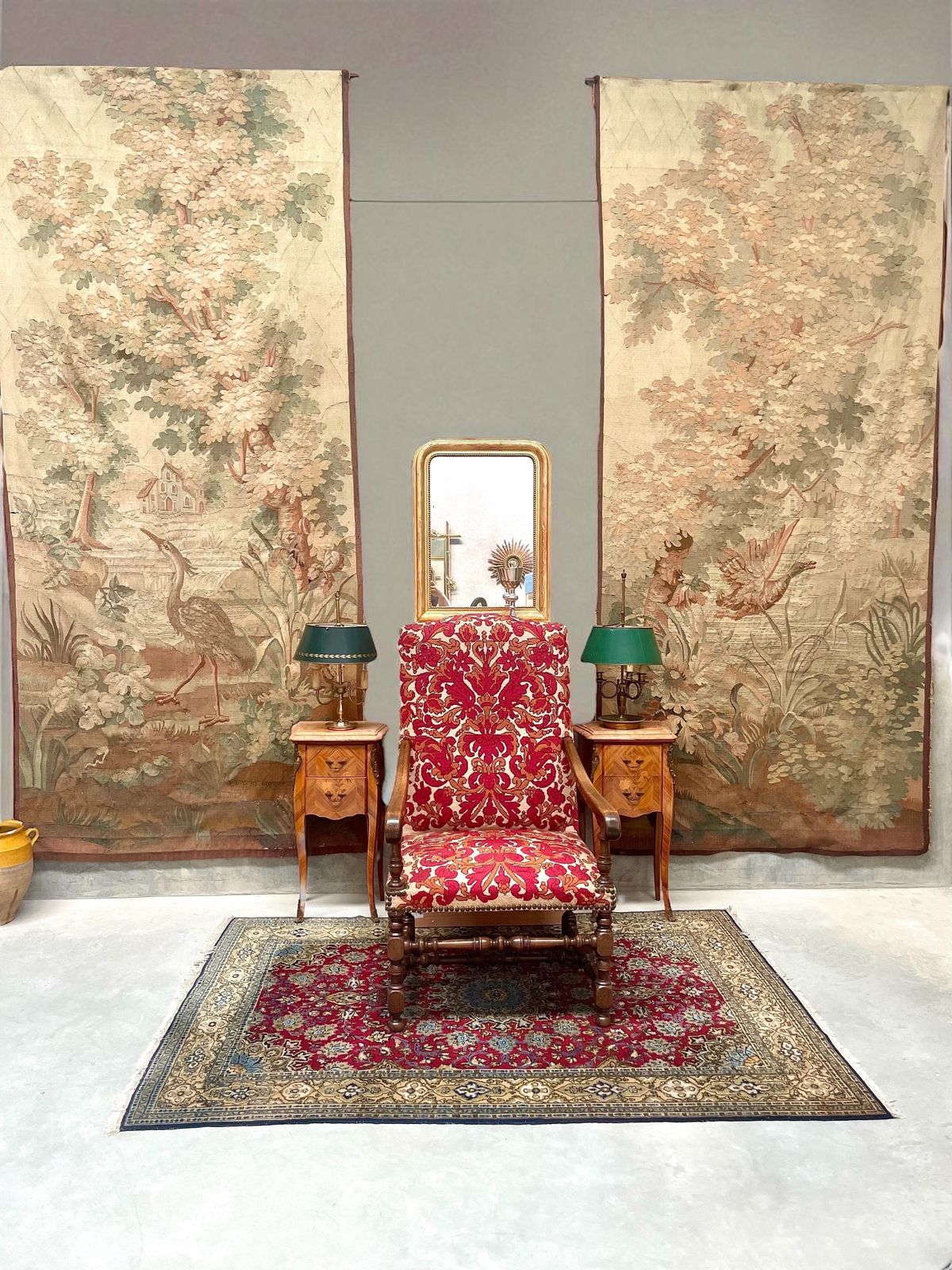19th Century Rare Pair Of Large Aubusson Verdure Tapestries With Heron And Duck photo vinterior