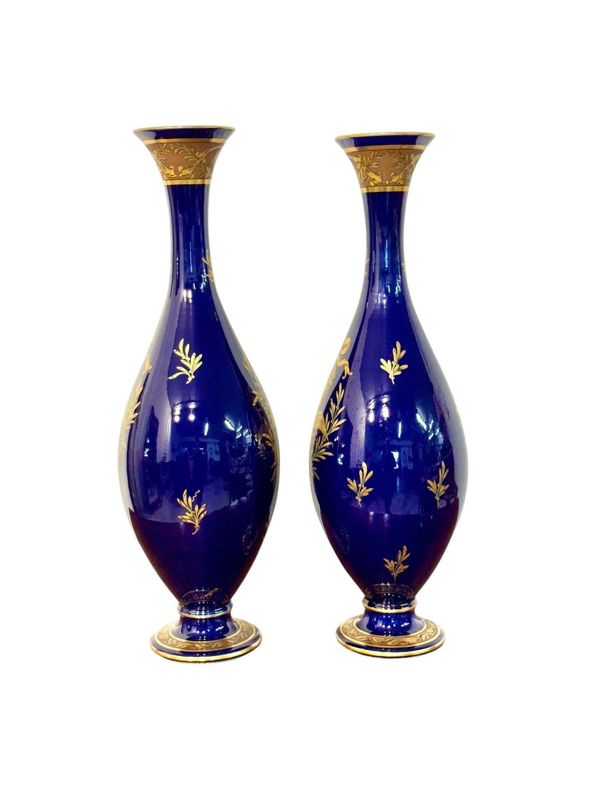 Rare Pair Of Cobalt Blue & Gilt Amphora Vases By Jaget & Pinon, Tours C.1930 photo Home Decor