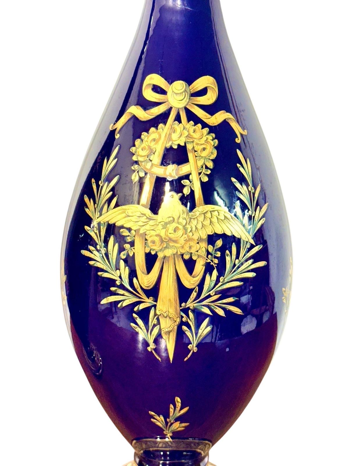 Rare Pair Of Cobalt Blue & Gilt Amphora Vases By Jaget & Pinon, Tours C.1930 photo vintage
