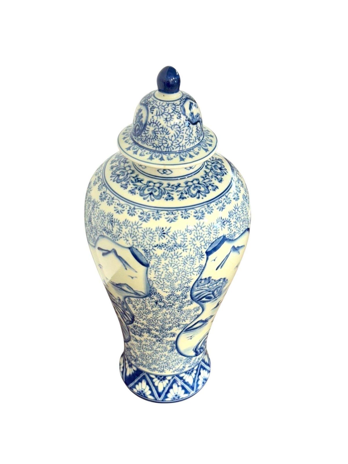 Large Blue And White Faience Lidded Vase With Landscape Motifs photo furniture
