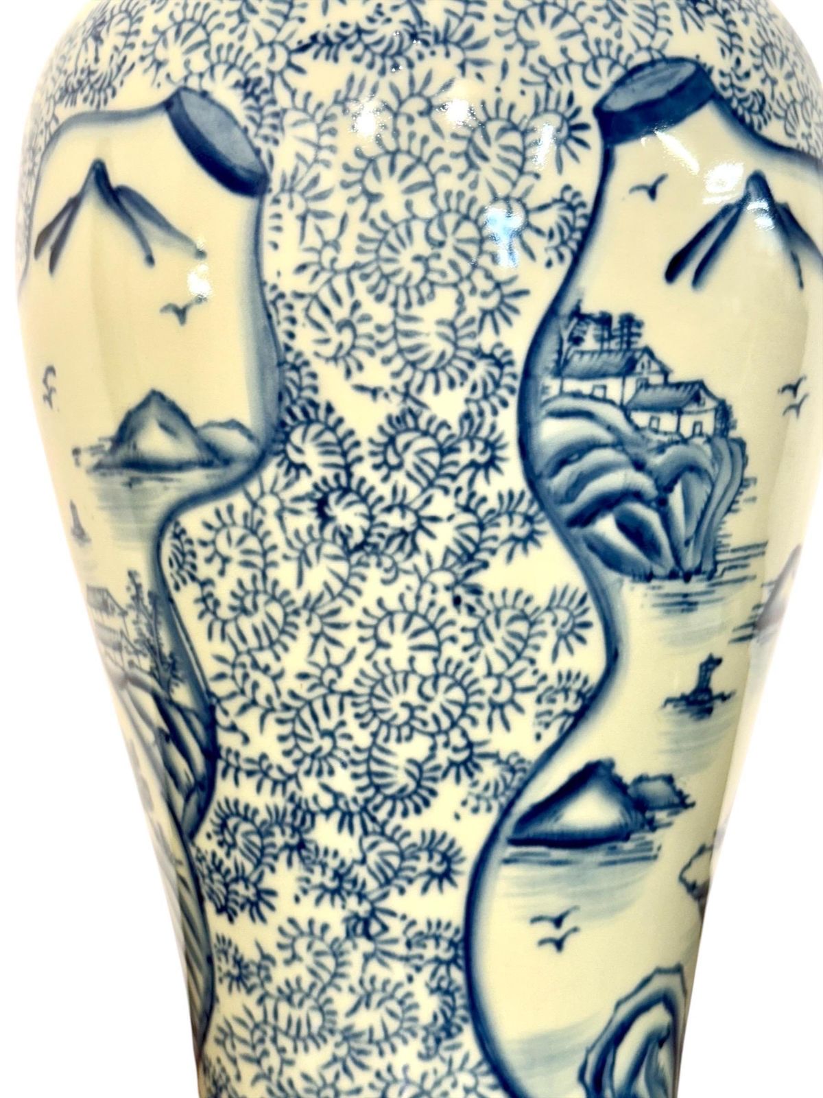photo for sale Large Blue And White Faience Lidded Vase With Landscape Motifs
