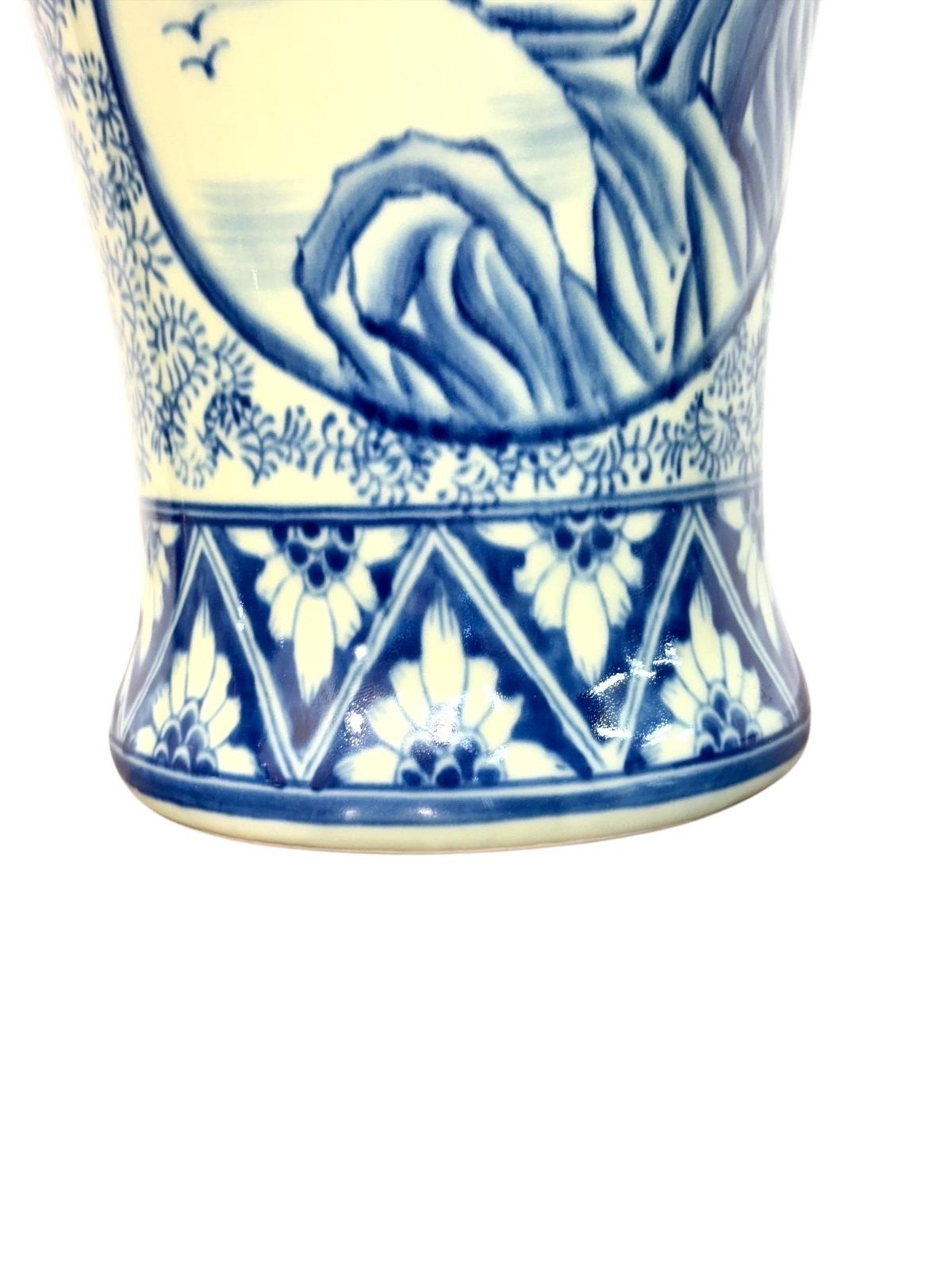 924.0 Large Blue And White Faience Lidded Vase With Landscape Motifs photo