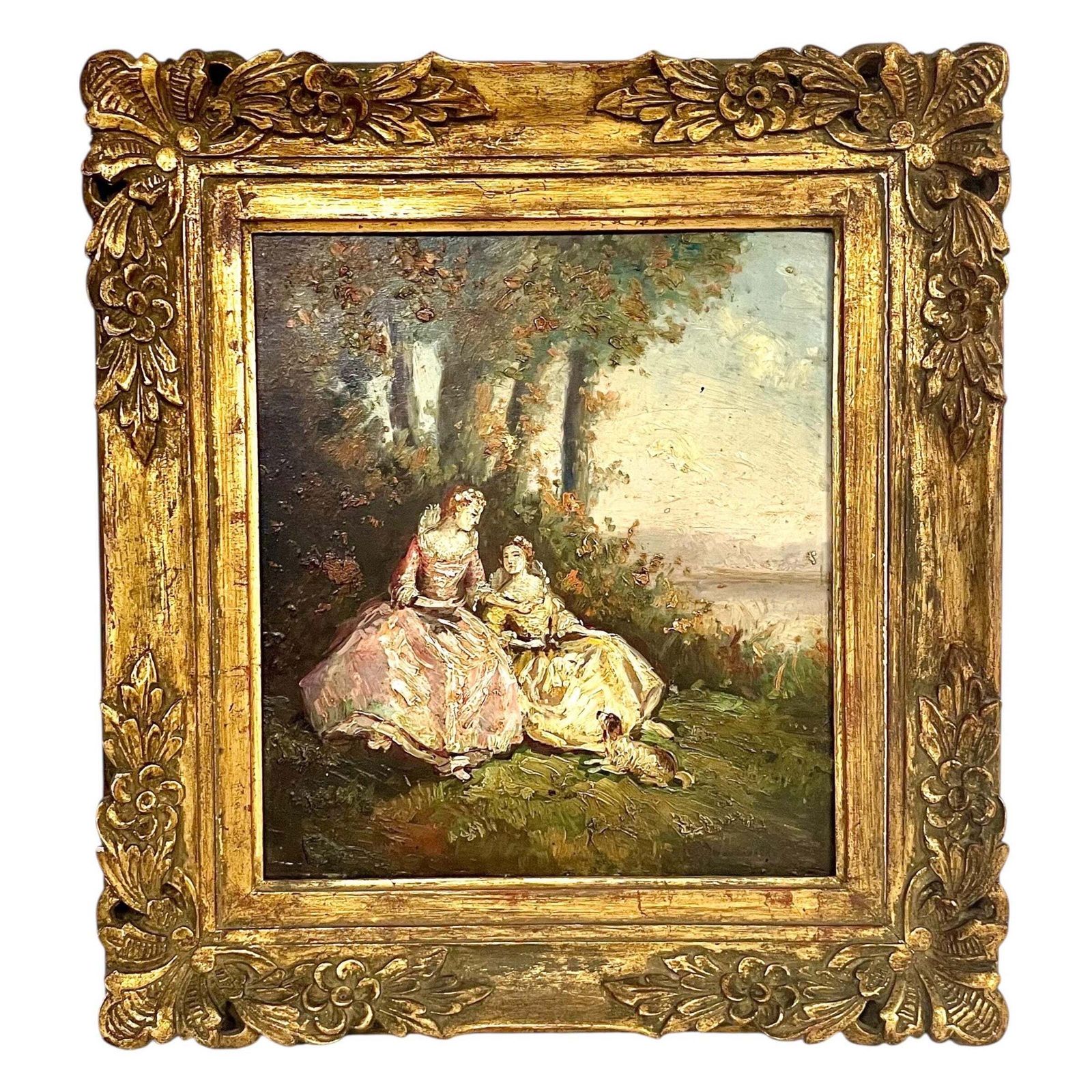19th Century Romantic Oil Painting Of Ladies By The Riverside