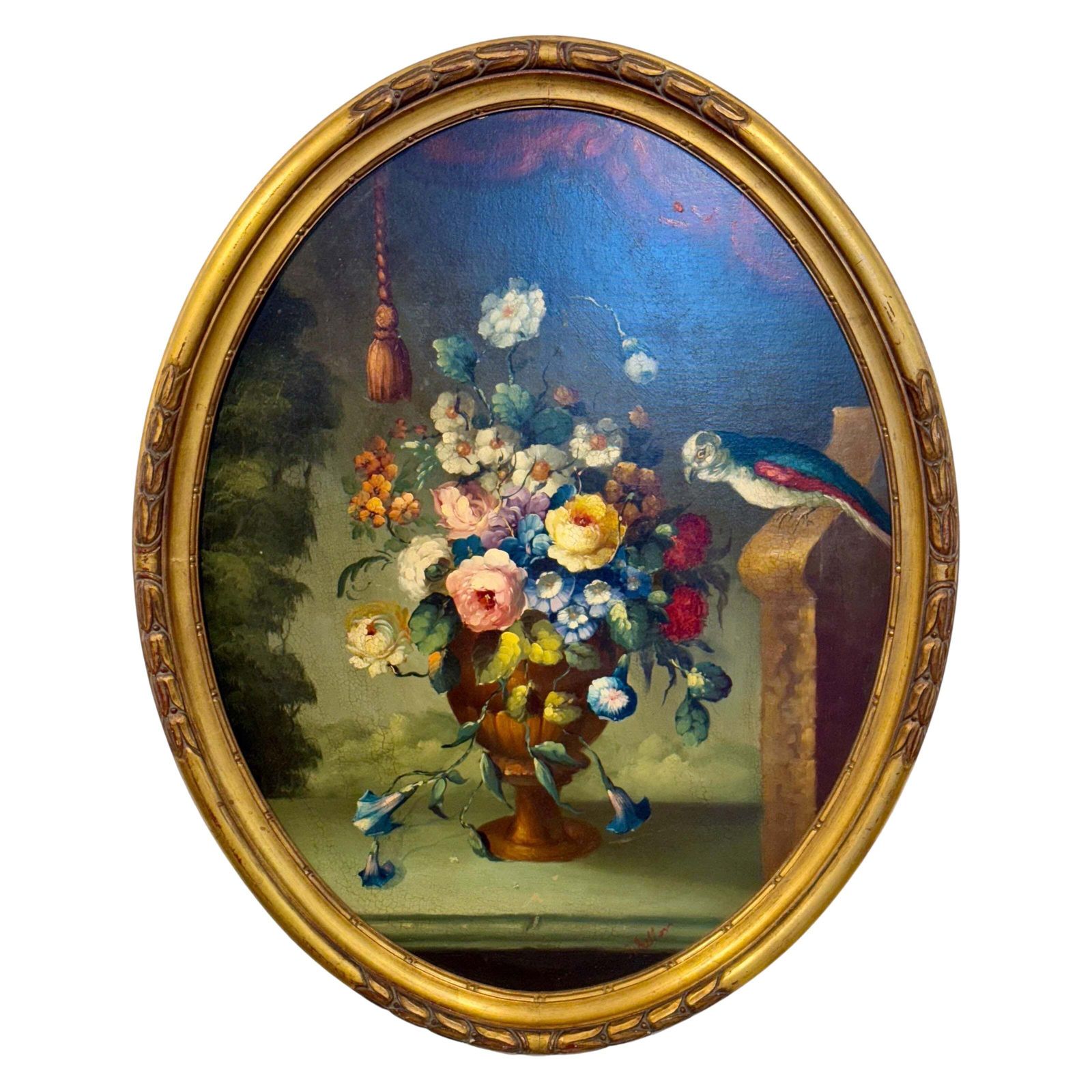 Floral Still Life With Parrot, Oval Oil On Panel, Signed, Late 19th C.