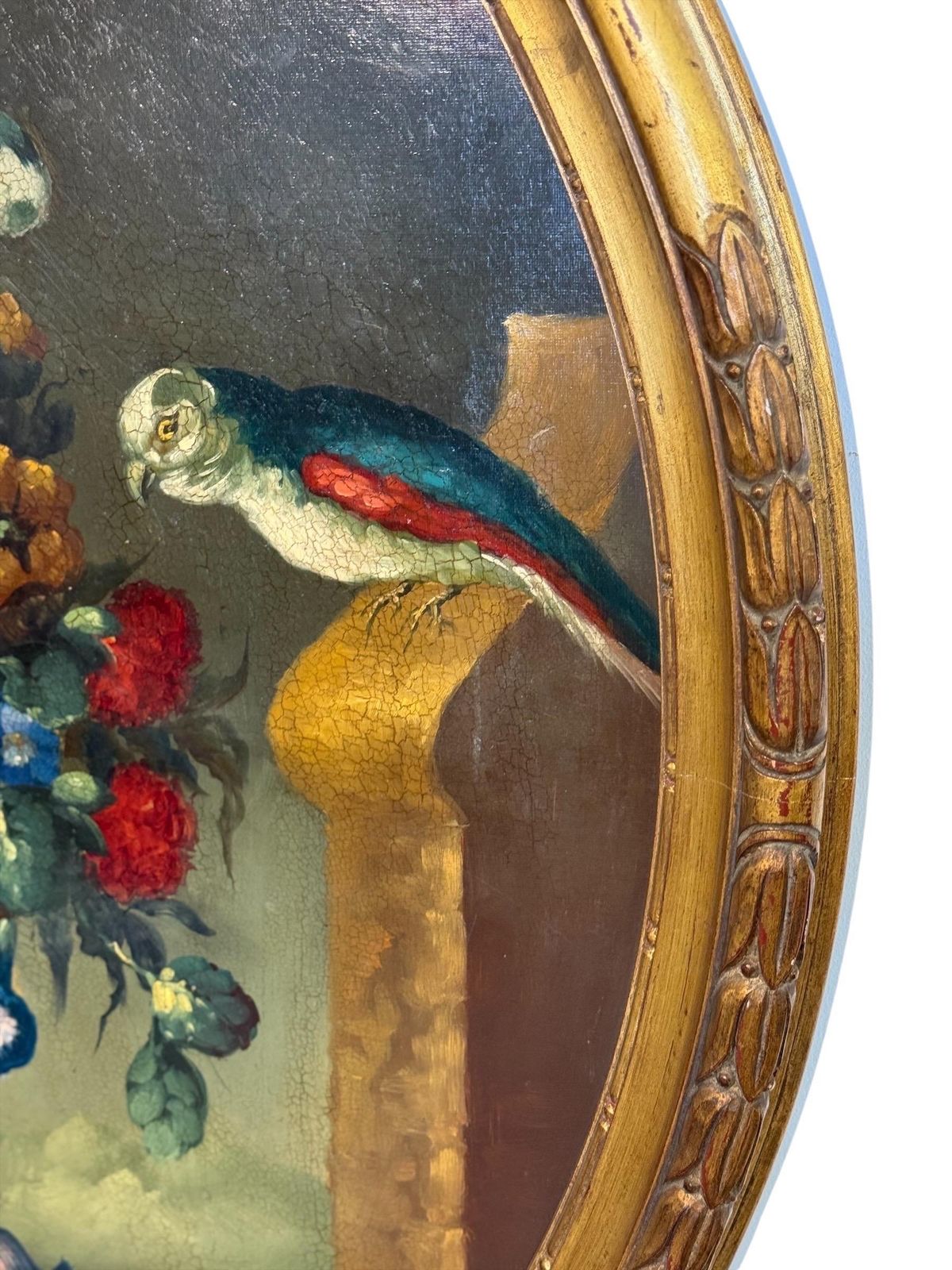 photo furniture Floral Still Life With Parrot, Oval Oil On Panel, Signed, Late 19th C.