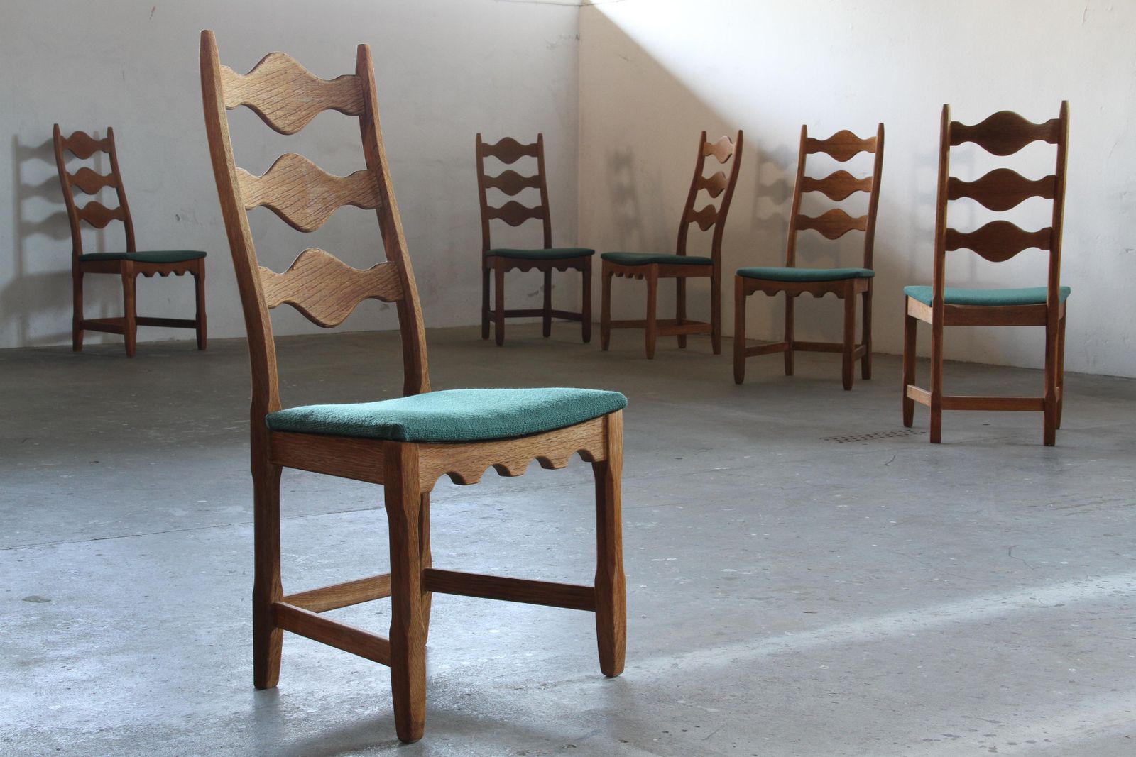Six Vintage 1960s Danish Ladderback Oak Chairs, Henning Kjærnulf Brutalist Style photo furniture