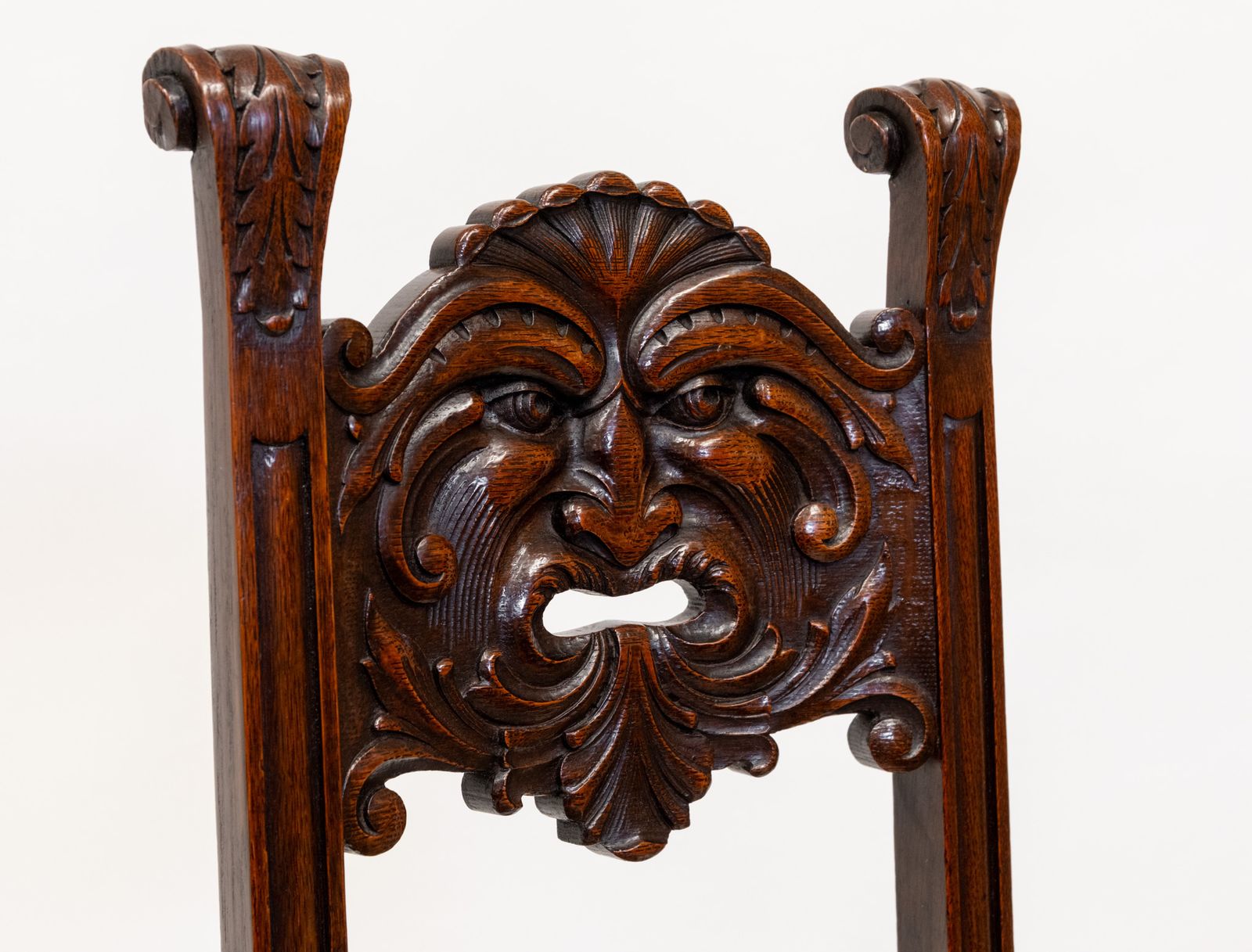 Charming Edwardian English Oak Side Chair With Carved Green Man photo for sale