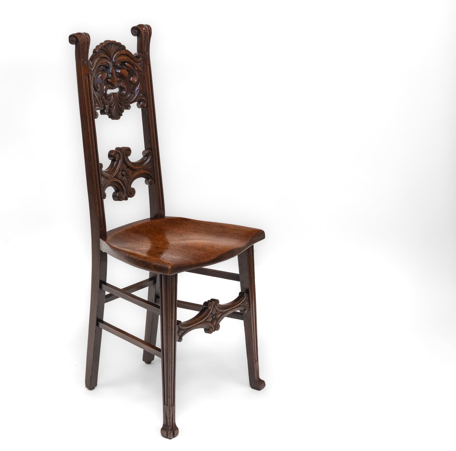 Charming Edwardian English Oak Side Chair With Carved Green Man photo vinterior