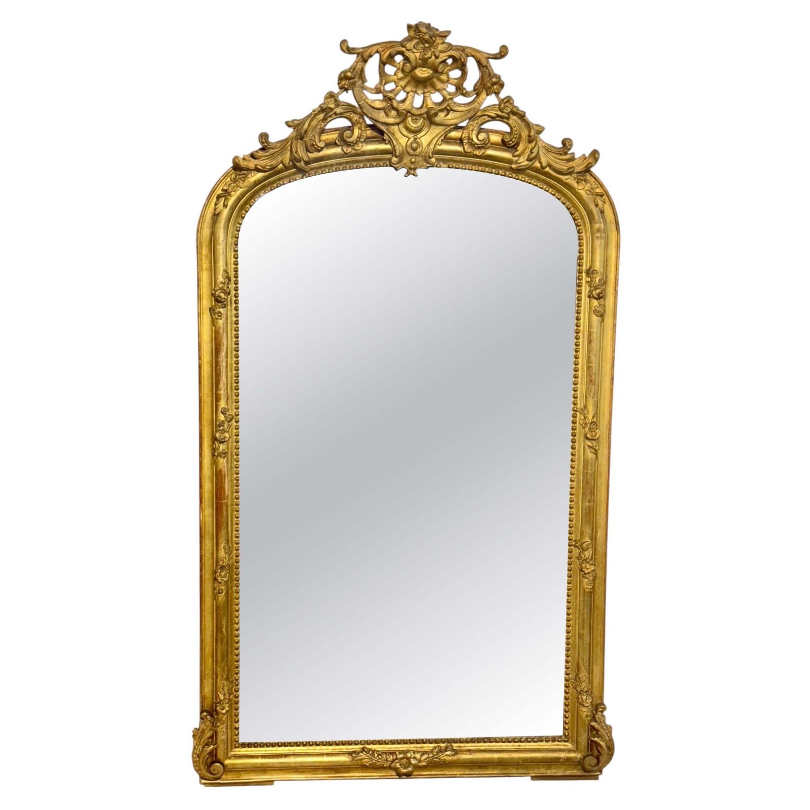 19th Century Large Giltwood Mirror With Ornate Crest