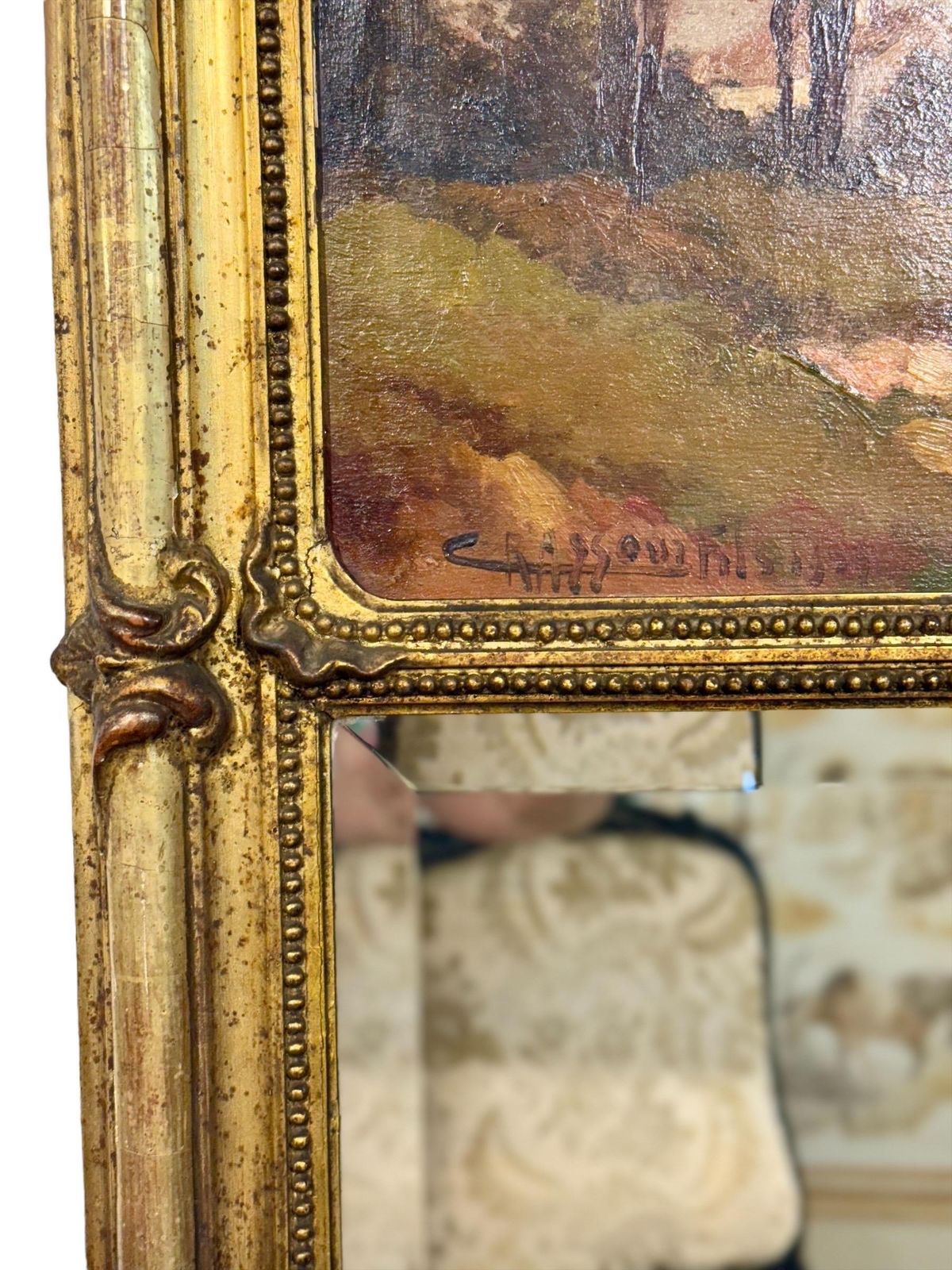 photo vintage French Giltwood Trumeau Mirror With Beveled Glass, Signed Crassous Fils 1919