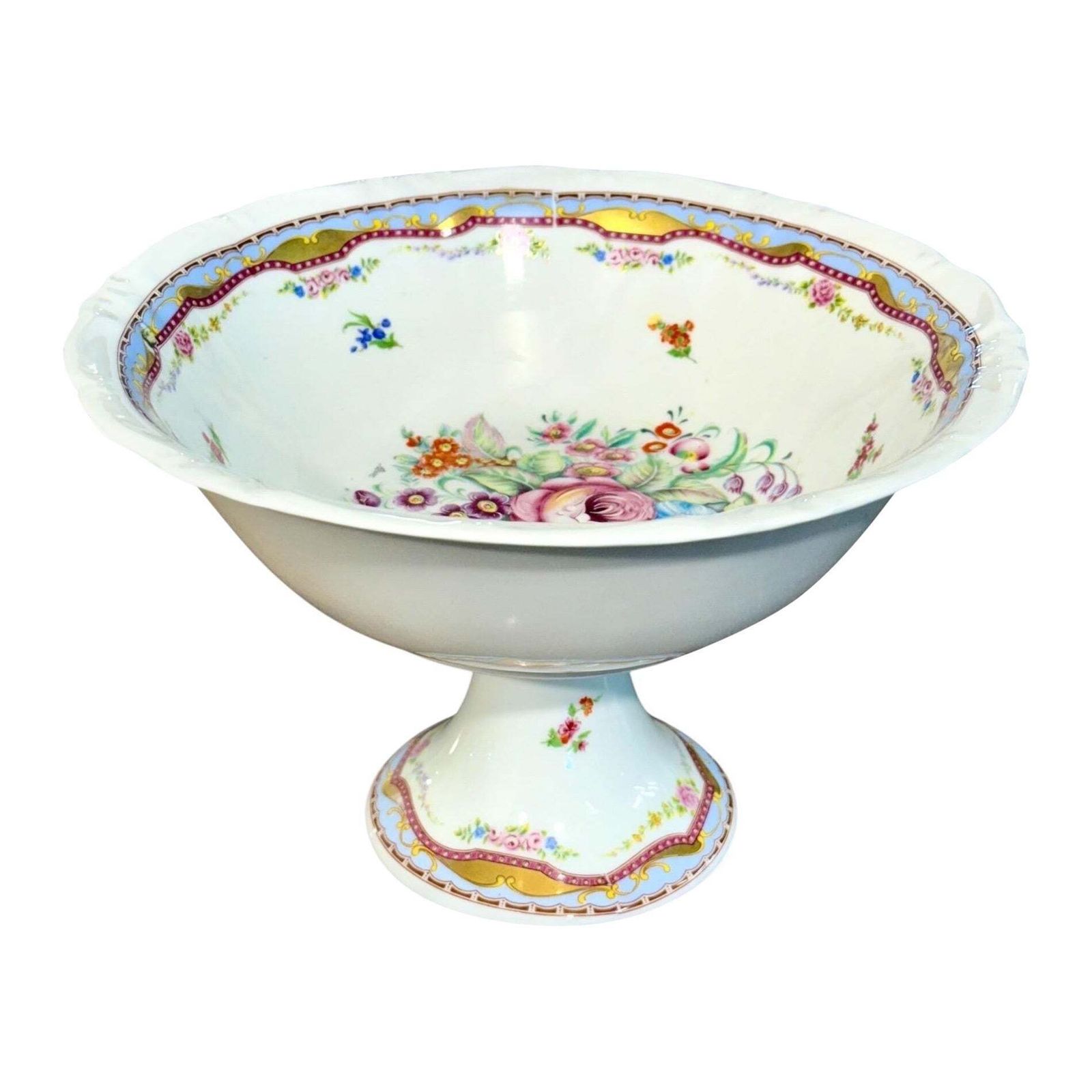 Antique Limoges Porcelain Pedestal Compote With Hand Painted Floral Motifs