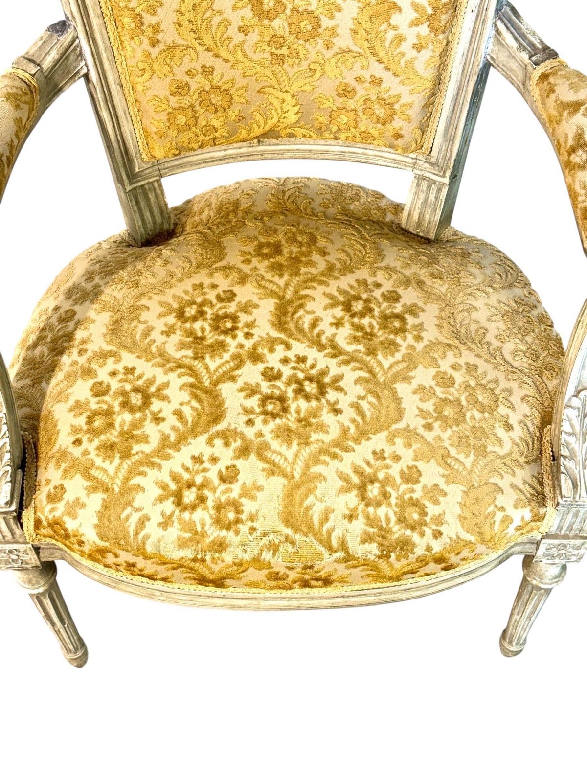 19th Century French Louis XVI Armchair, Patinated Lacquer And Damask photo vintage