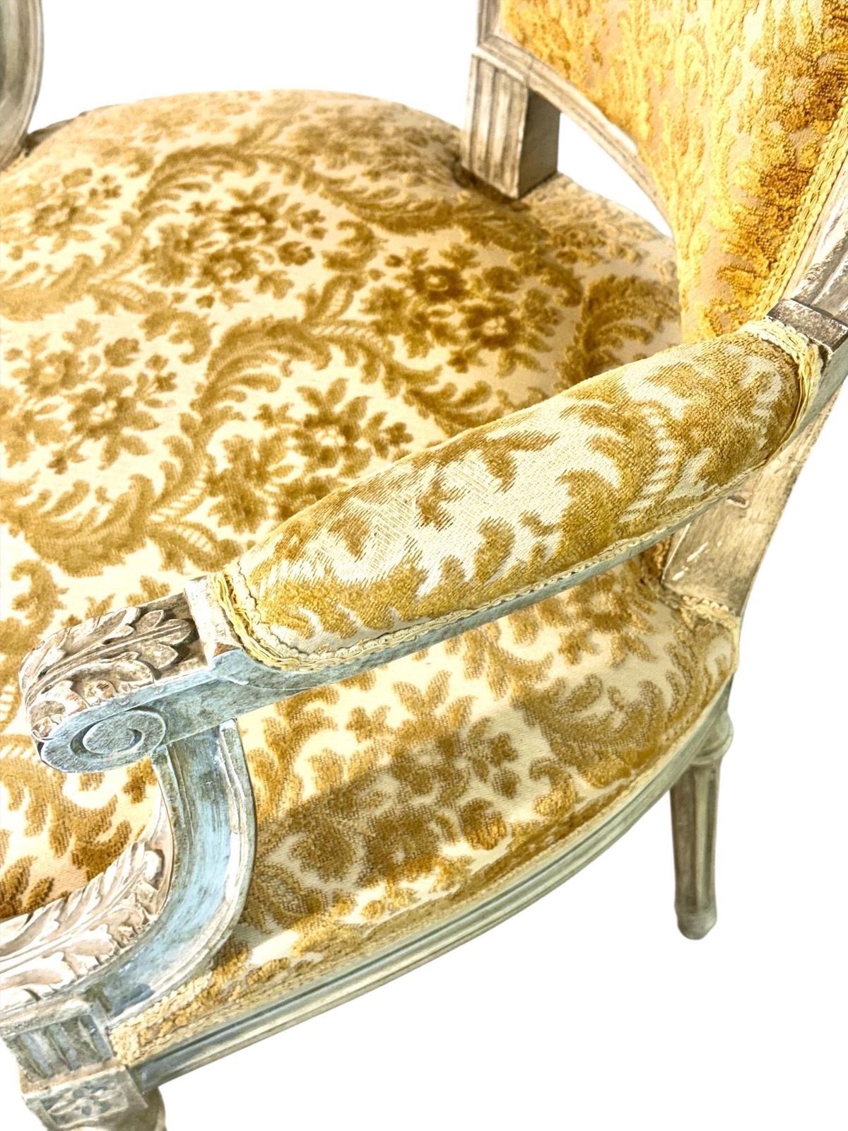 photo vinterior 19th Century French Louis XVI Armchair, Patinated Lacquer And Damask