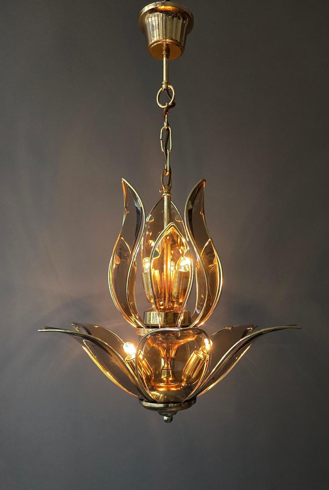 Italian Lotus Chandelier In Brass And Amber Murano Glass, Mid 20th Century photo for sale