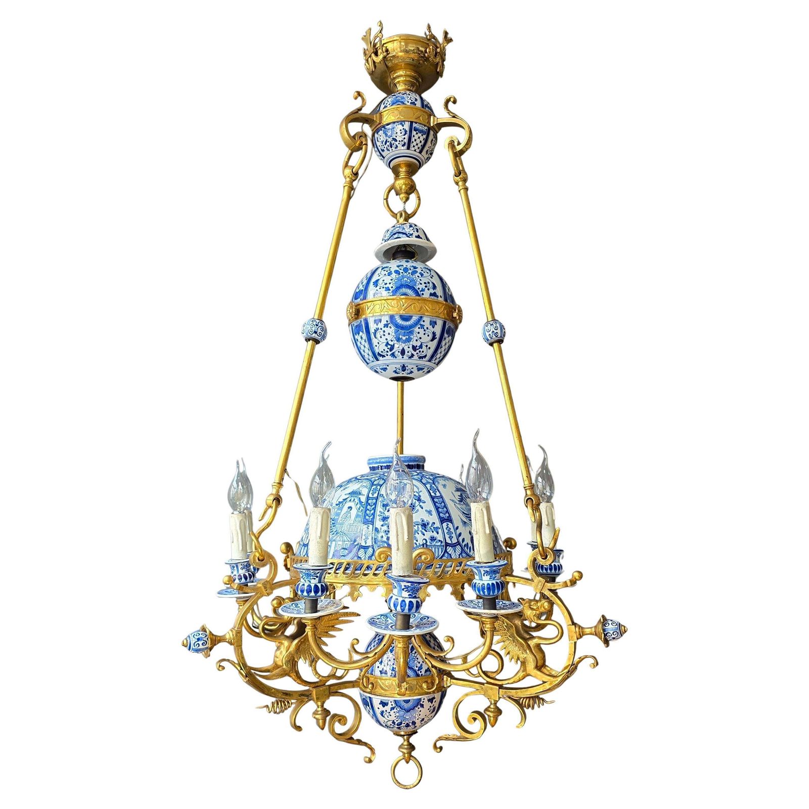 Monumental 19th Century Dutch Delftware And Gilt Bronze Chandelier With Griffin