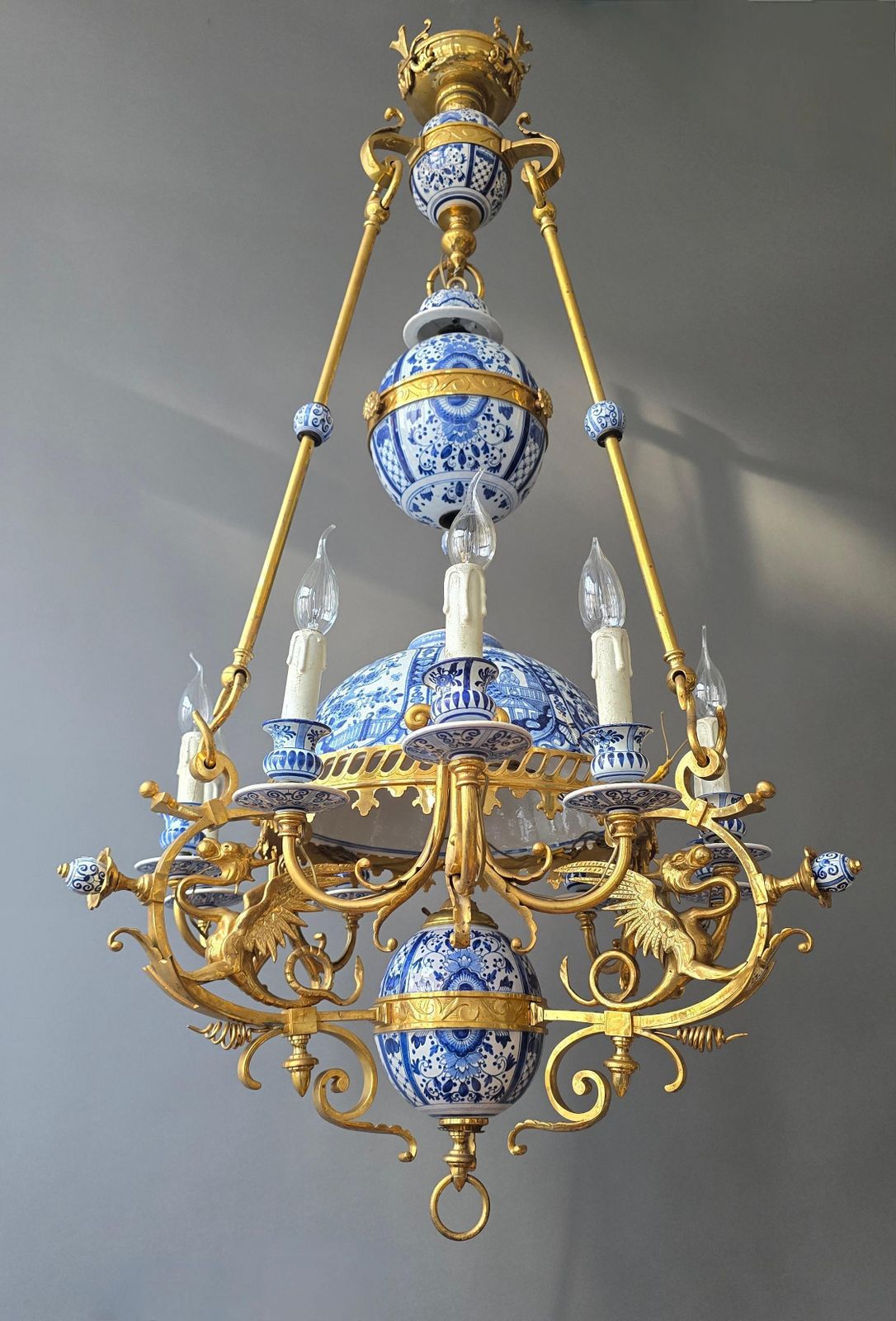 Monumental 19th Century Dutch Delftware And Gilt Bronze Chandelier With Griffin photo for sale