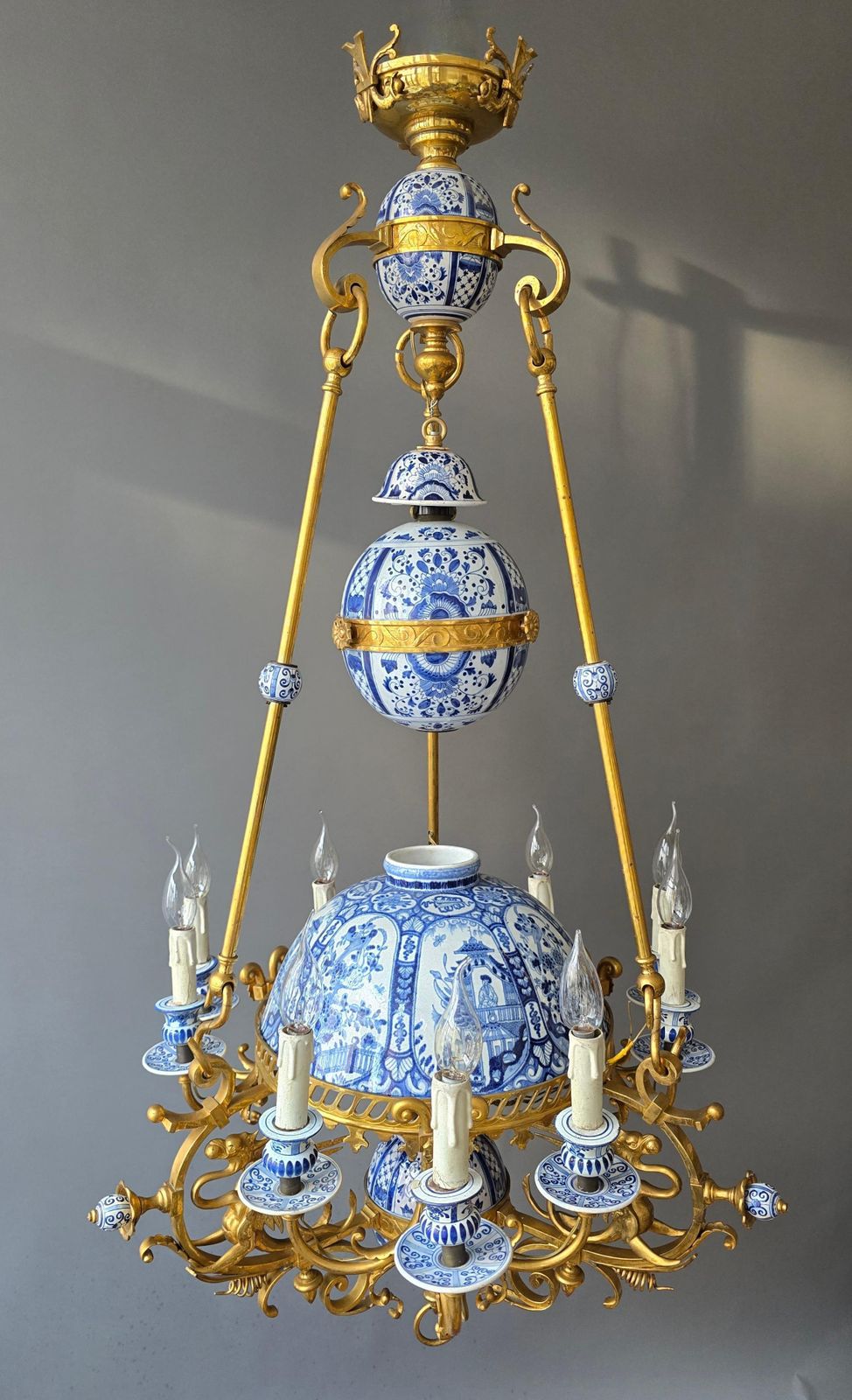 Monumental 19th Century Dutch Delftware And Gilt Bronze Chandelier With Griffin photo Lighting