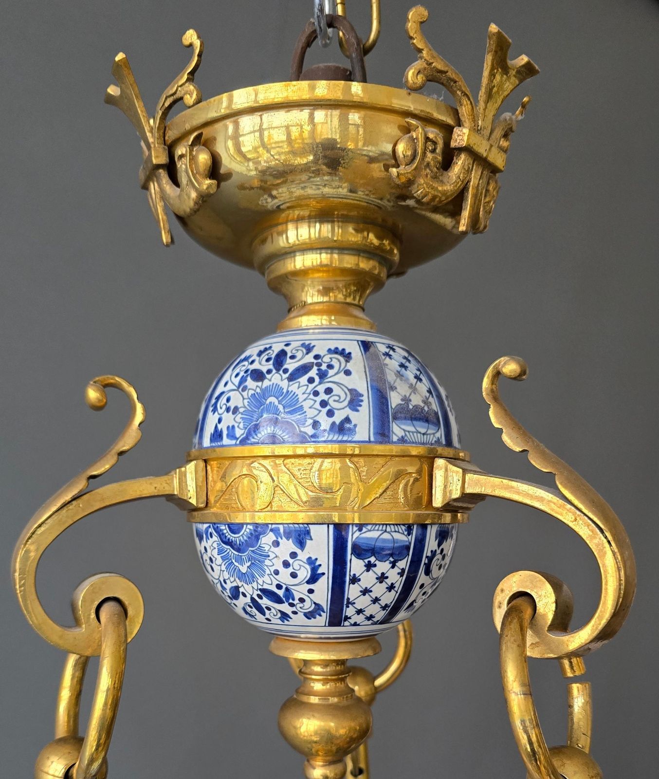 photo for sale Monumental 19th Century Dutch Delftware And Gilt Bronze Chandelier With Griffin