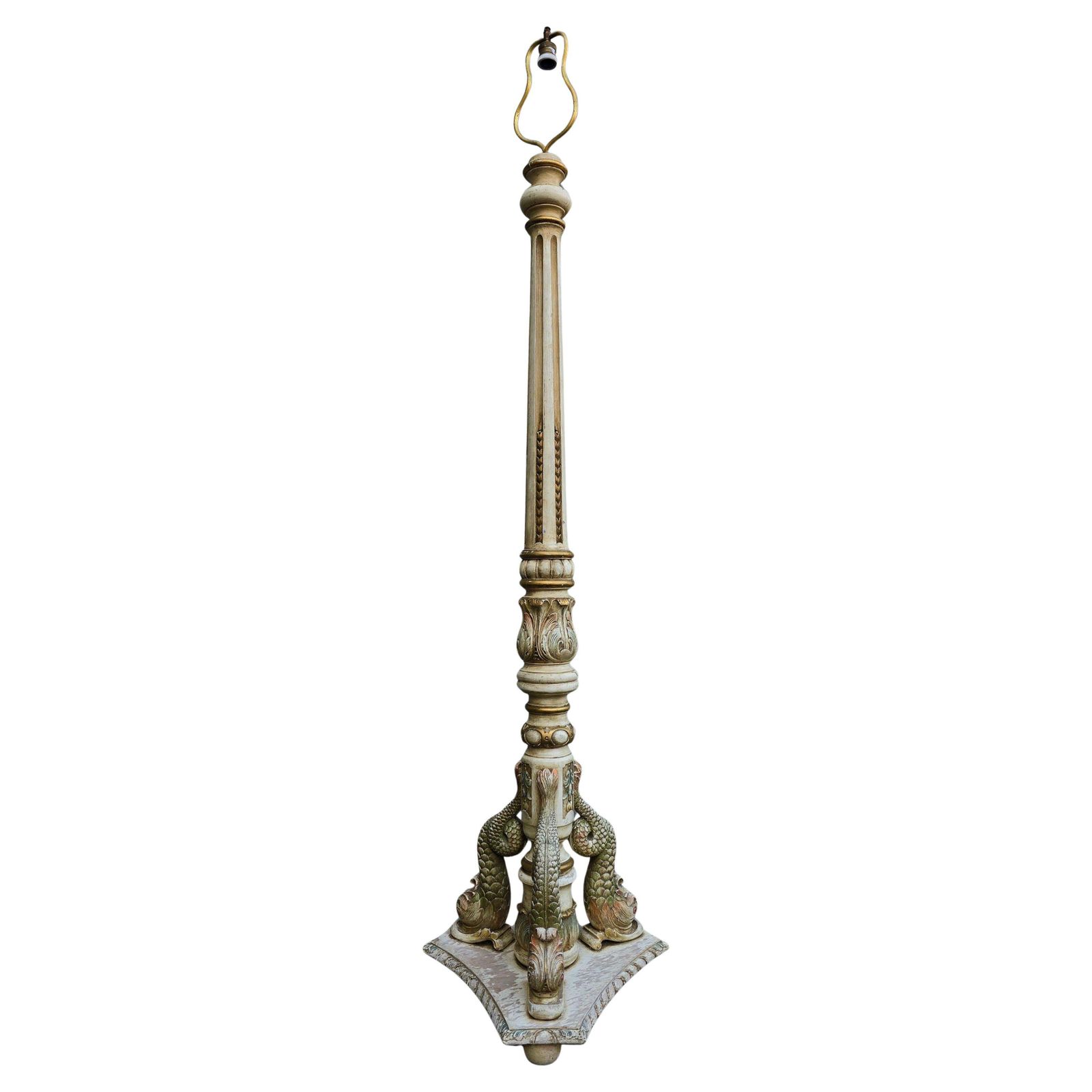 Monumental Italian Carved Wood Floor Lamp With Dolphin Motif, Mid 20th Century photo for sale