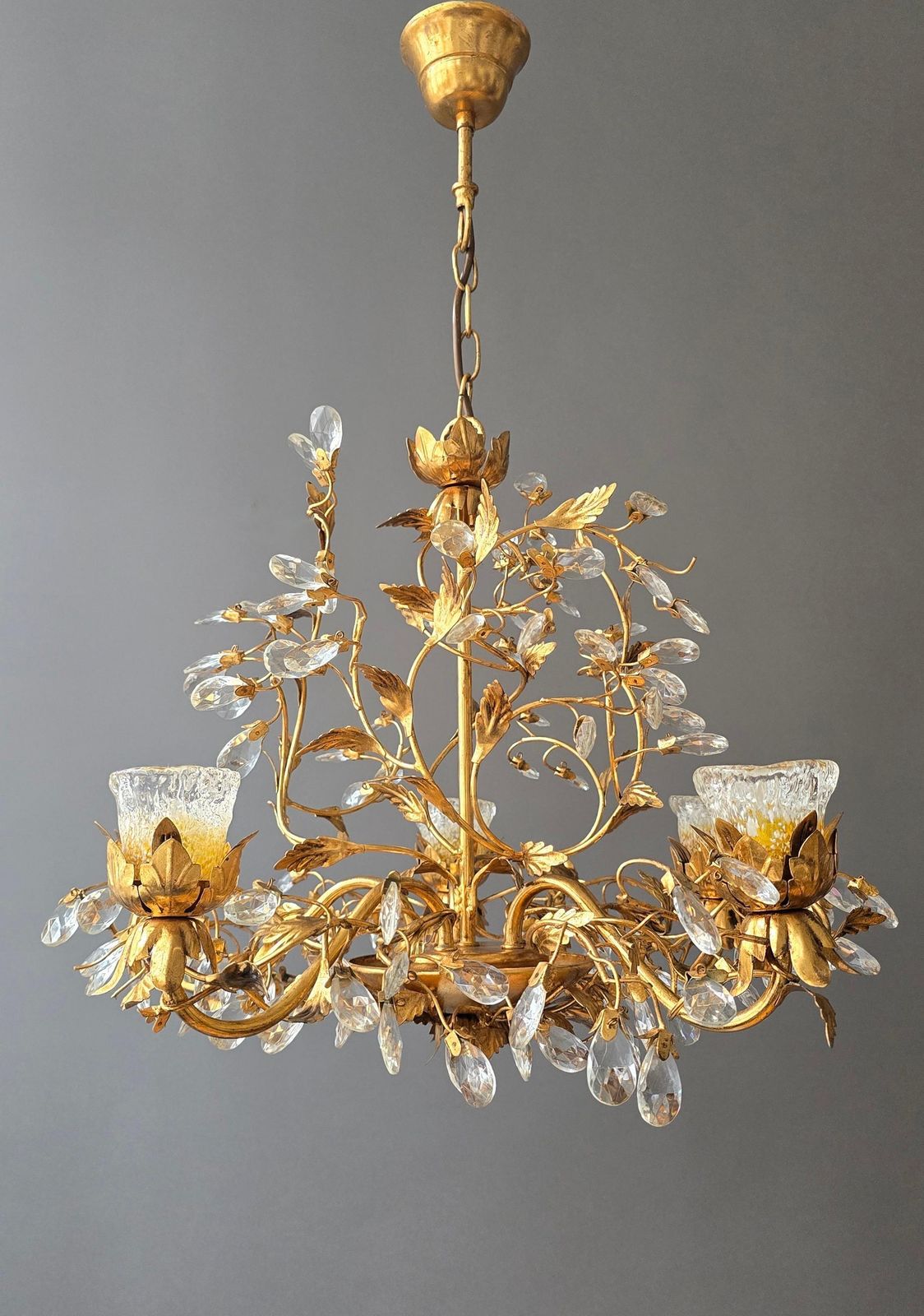 Rare Italian Floral Chandelier With Murano Glass Tulip Shades, Circa 1950s photo 2360.0