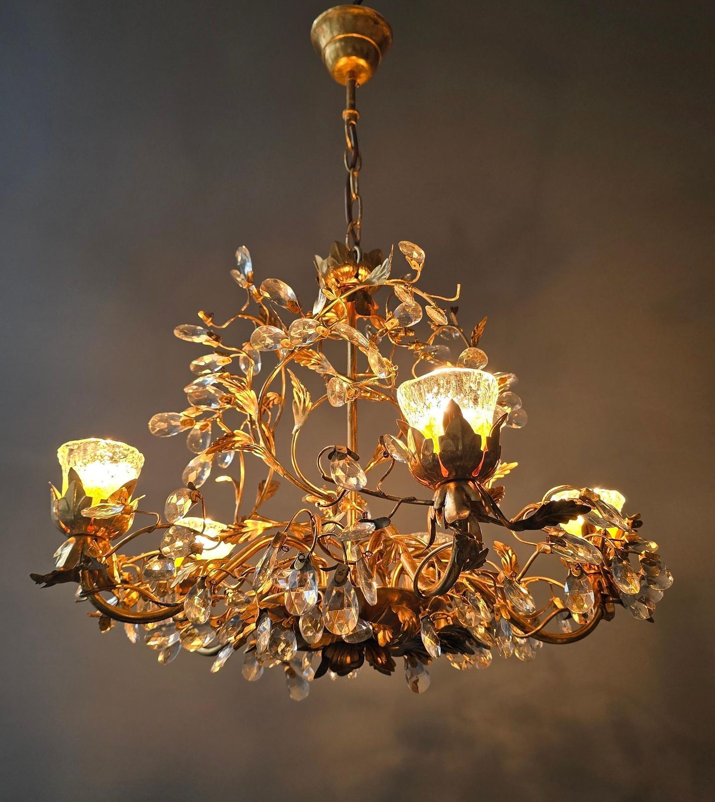 Rare Italian Floral Chandelier With Murano Glass Tulip Shades, Circa 1950s photo vinterior