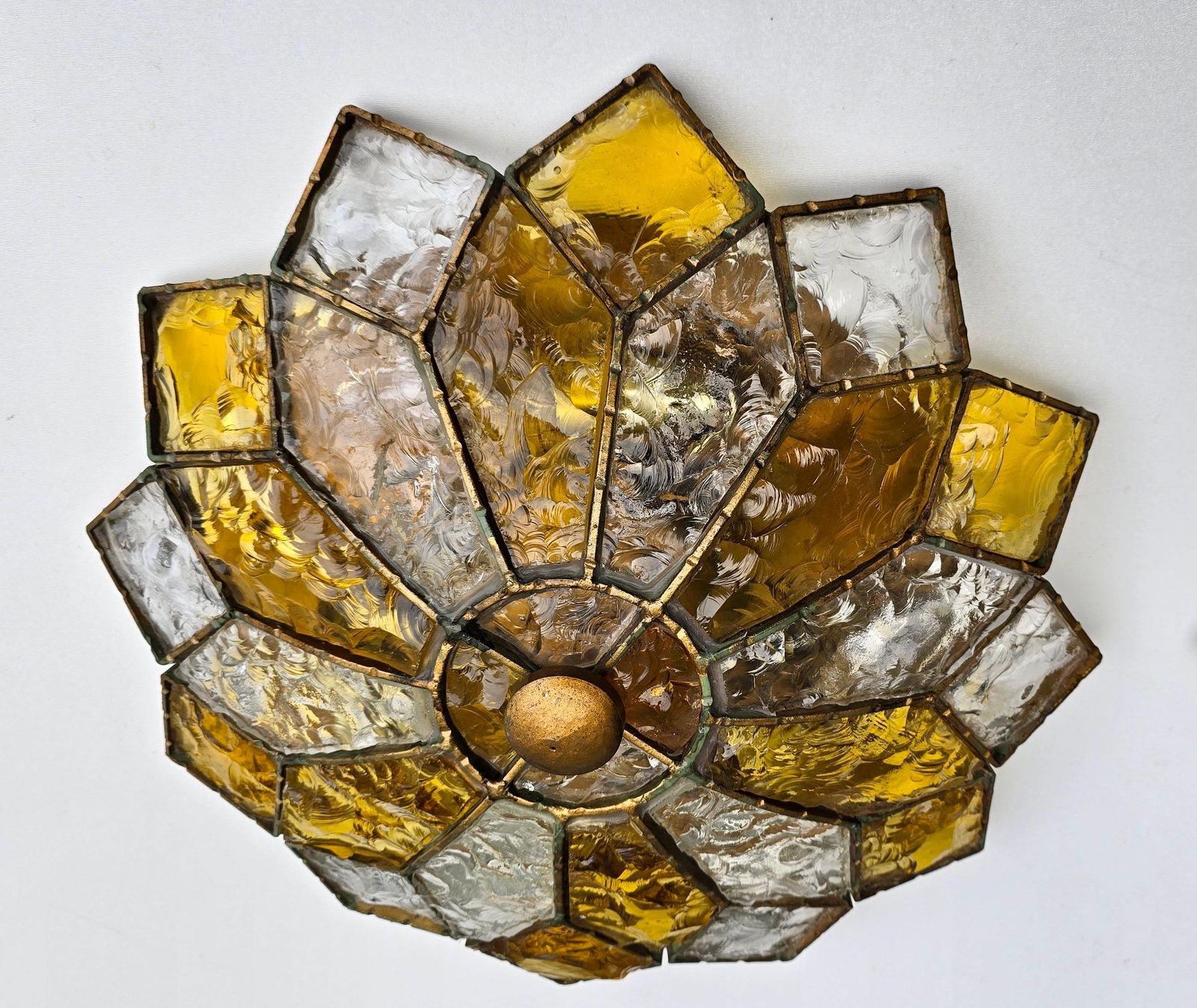 Two Italian Brutalist Glam Textured Glass Flush Mount In Brass Finished Steel photo for sale