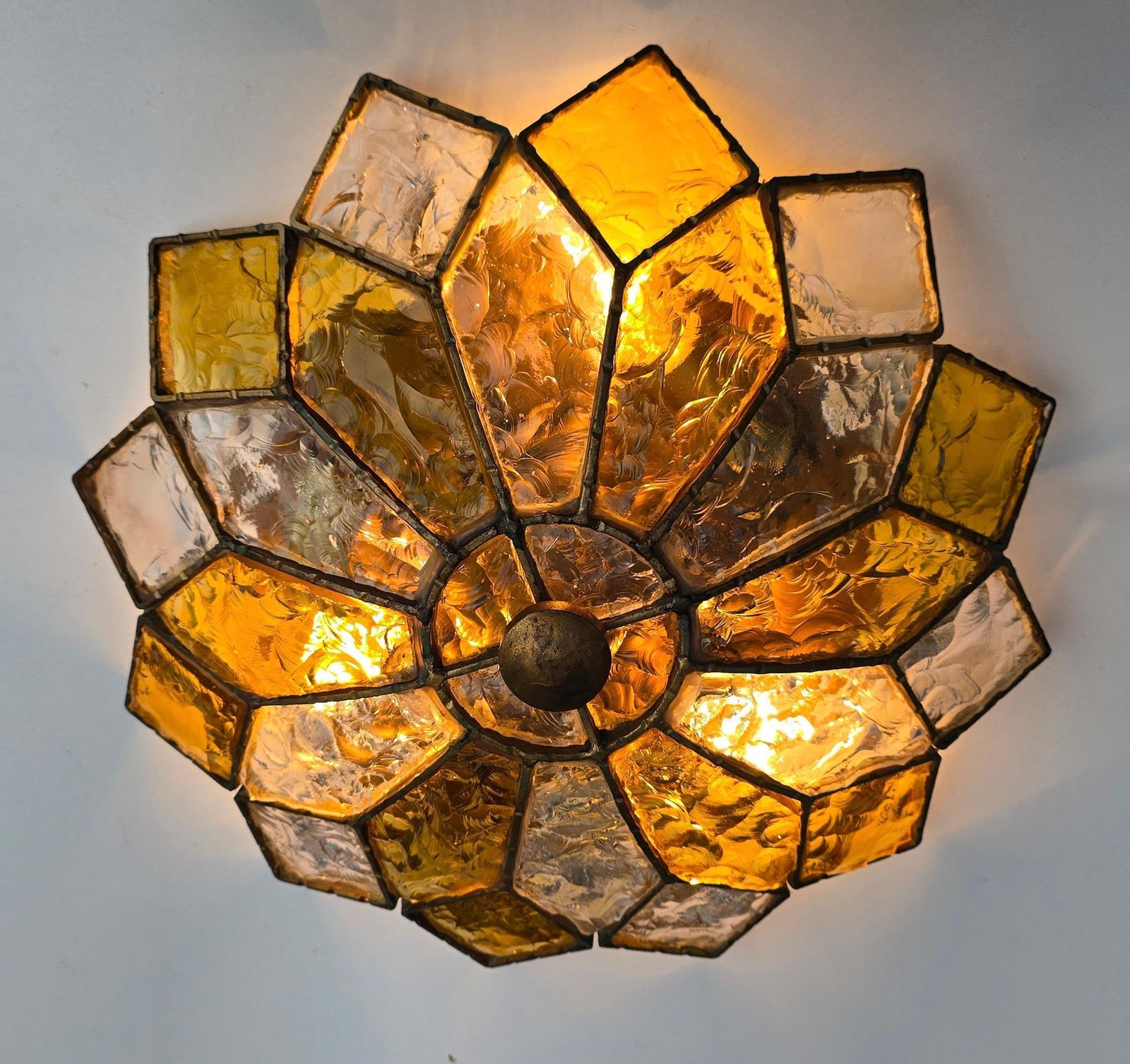 Two Italian Brutalist Glam Textured Glass Flush Mount In Brass Finished Steel photo Lighting
