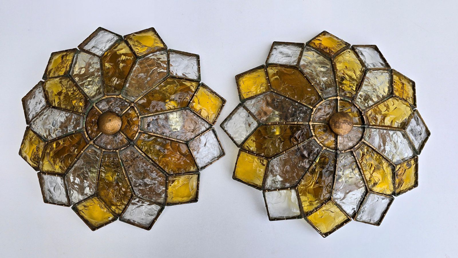 Two Italian Brutalist Glam Textured Glass Flush Mount In Brass Finished Steel photo 2210.0
