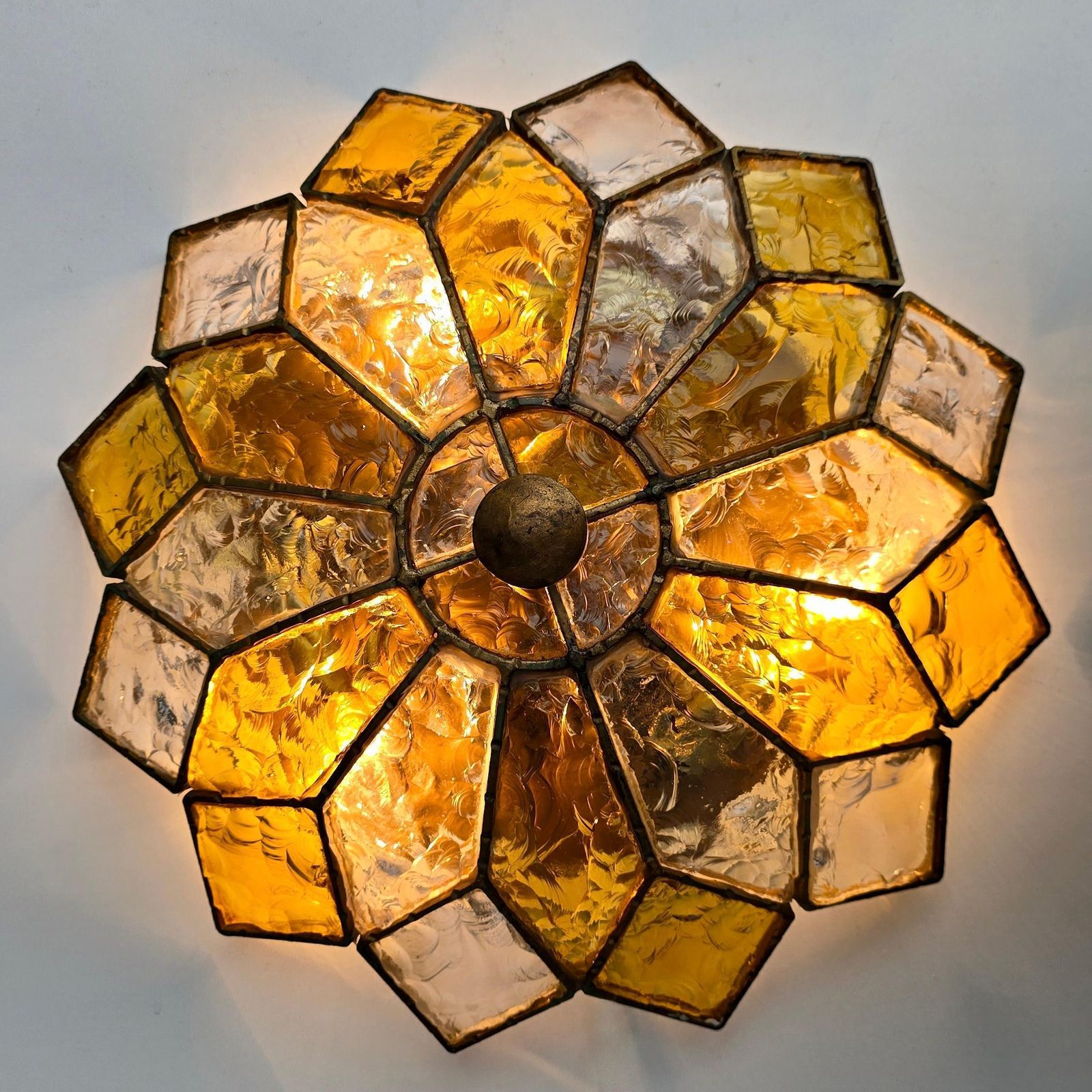 Two Italian Brutalist Glam Textured Glass Flush Mount In Brass Finished Steel photo vintage