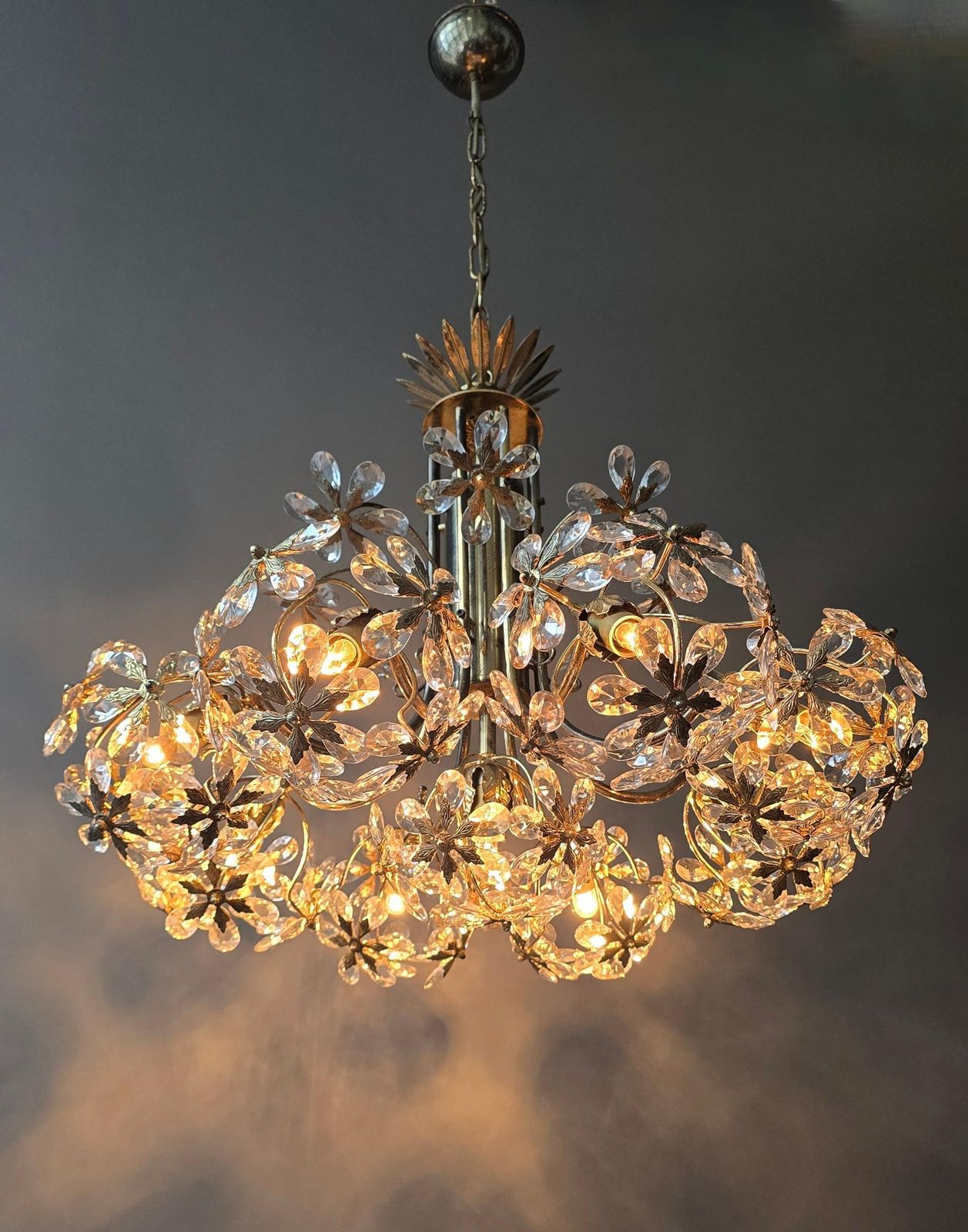 Mid Century Gilt Brass Floral Crystal Chandelier, Attributed To Palwa, Germany photo 3882.0