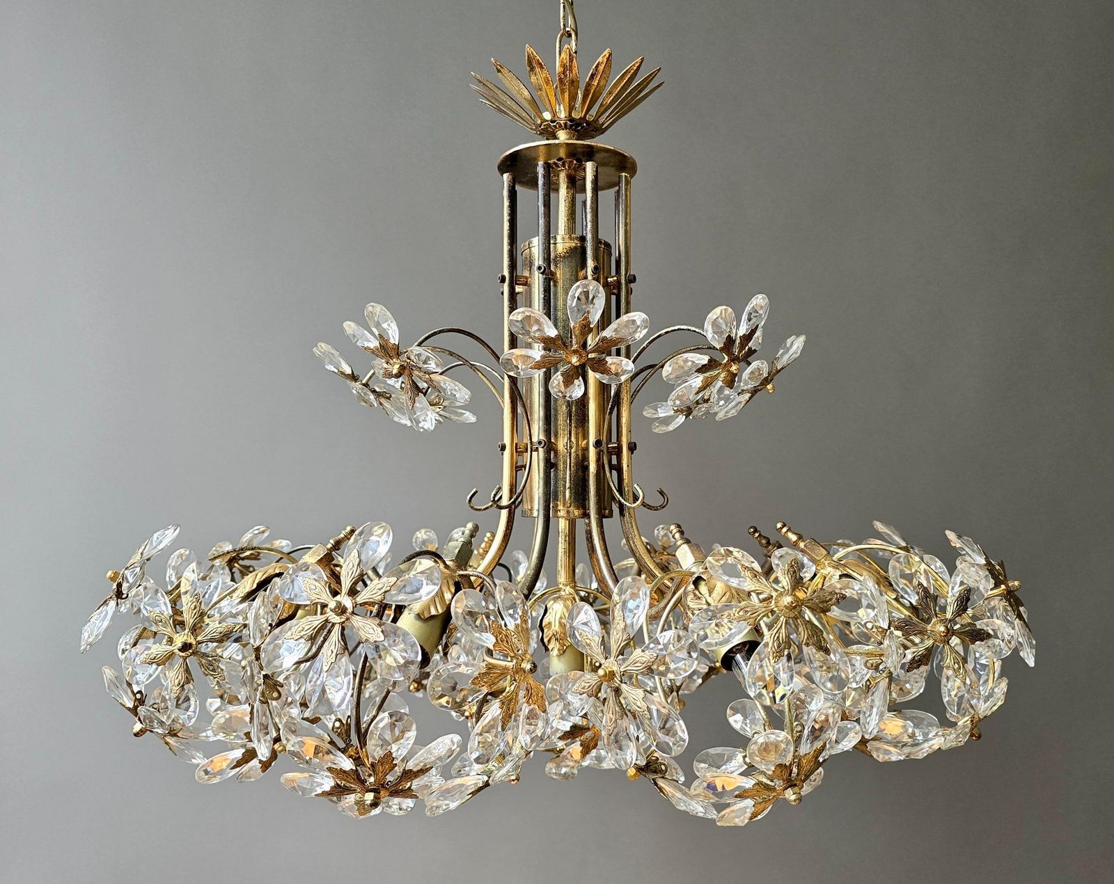 photo furniture Mid Century Gilt Brass Floral Crystal Chandelier, Attributed To Palwa, Germany