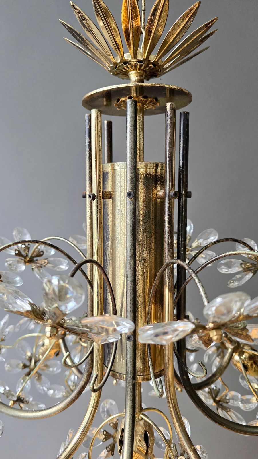 photo for sale Mid Century Gilt Brass Floral Crystal Chandelier, Attributed To Palwa, Germany