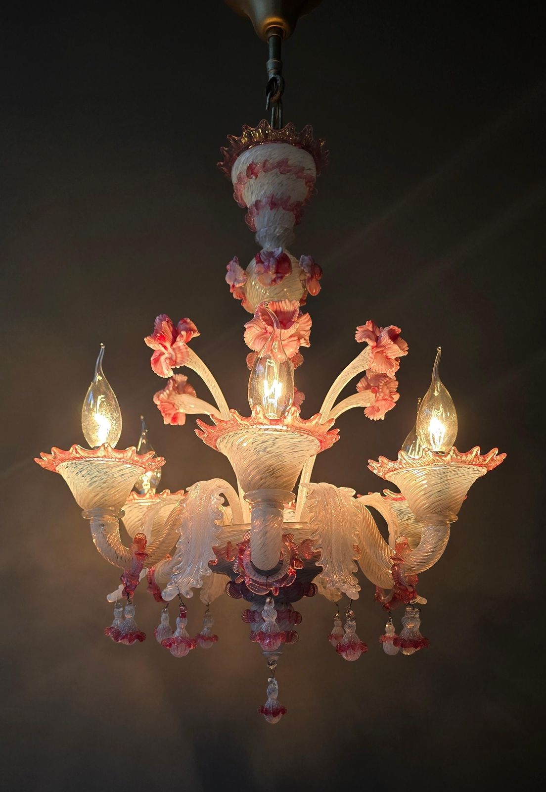Exceptional Mid Century Murano Glass Chandelier With Rare Pink Flowers, Italy photo for sale
