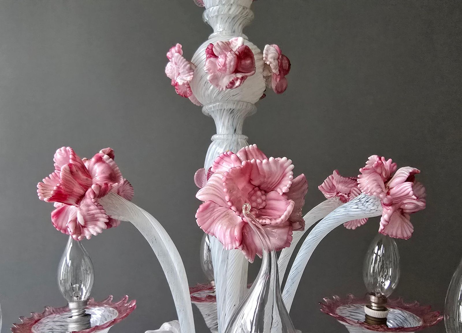 photo furniture Exceptional Mid Century Murano Glass Chandelier With Rare Pink Flowers, Italy