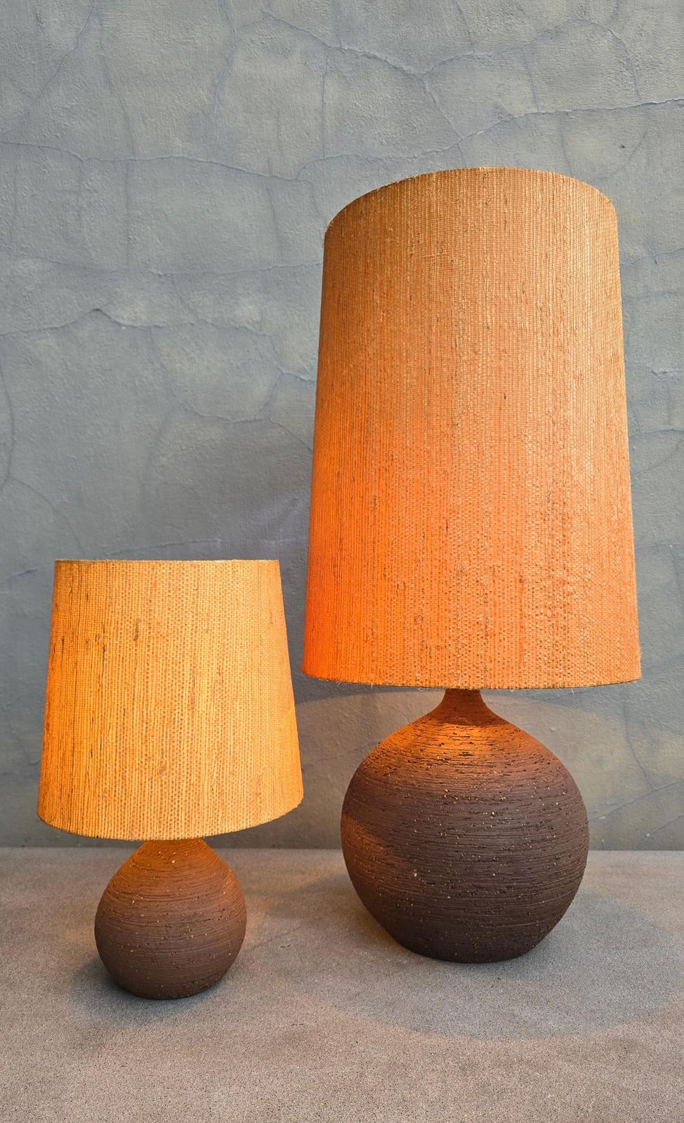 Pair Of Sculptural Studio Pottery Table Lamps, 1970s, Ceramic With Straw Shades photo for sale