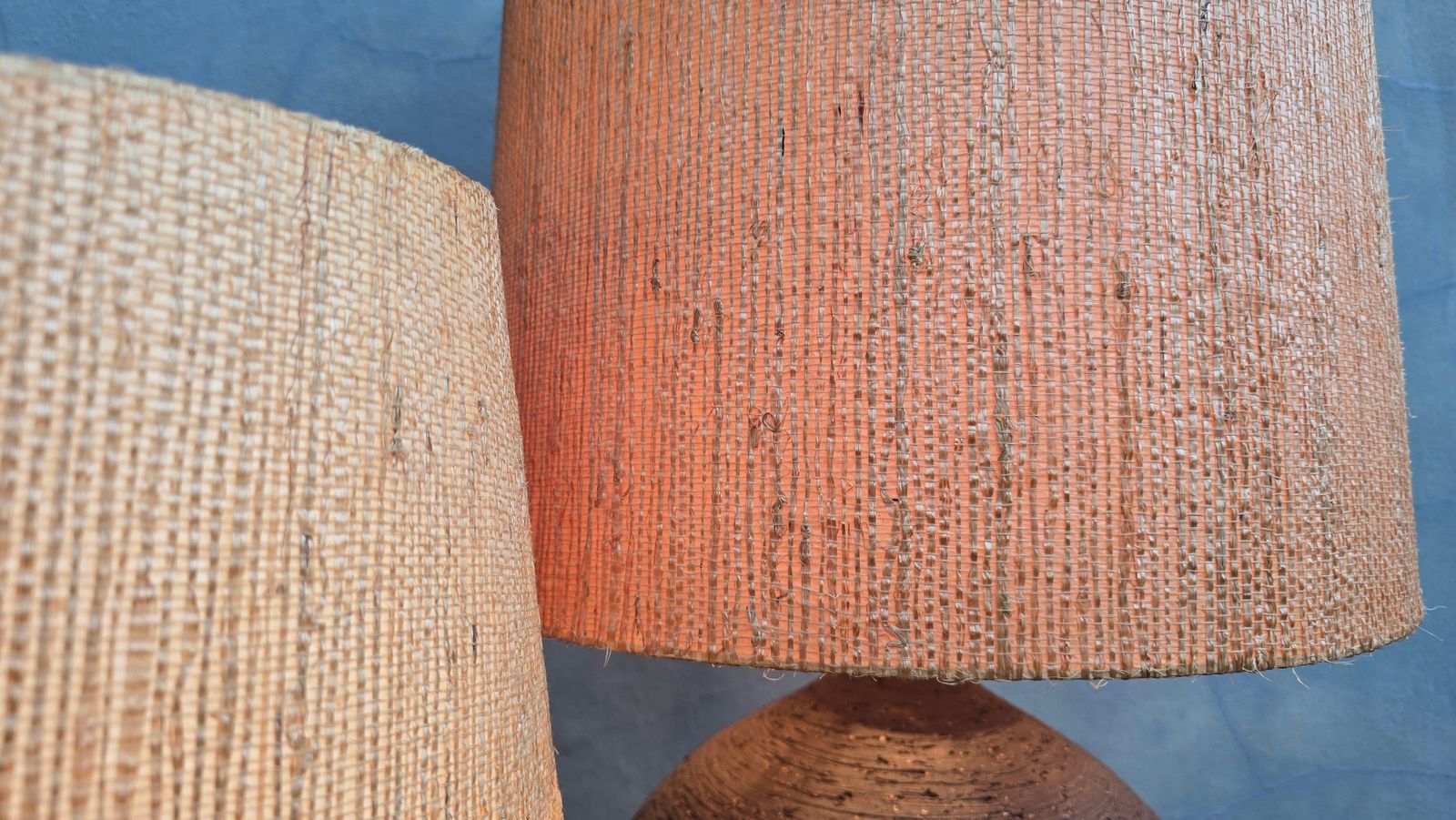 Pair Of Sculptural Studio Pottery Table Lamps, 1970s, Ceramic With Straw Shades photo 3096.0