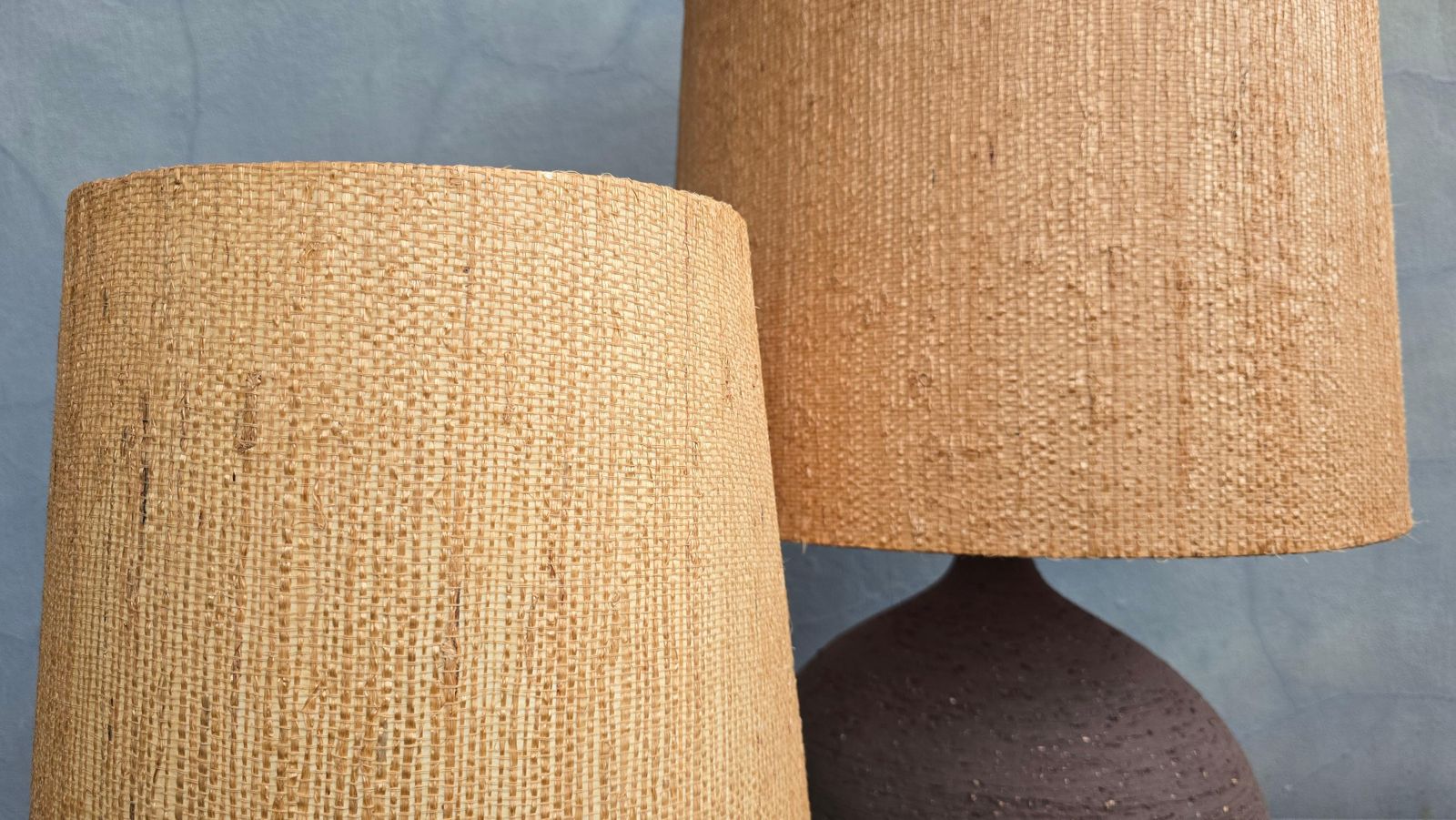 Pair Of Sculptural Studio Pottery Table Lamps, 1970s, Ceramic With Straw Shades photo vintage