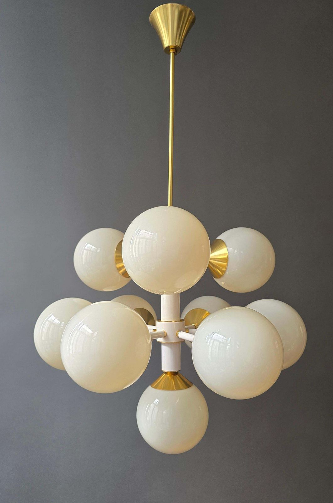 Large Italian 12 Light Sputnik Chandelier In White And Brass, 1970s photo Lighting