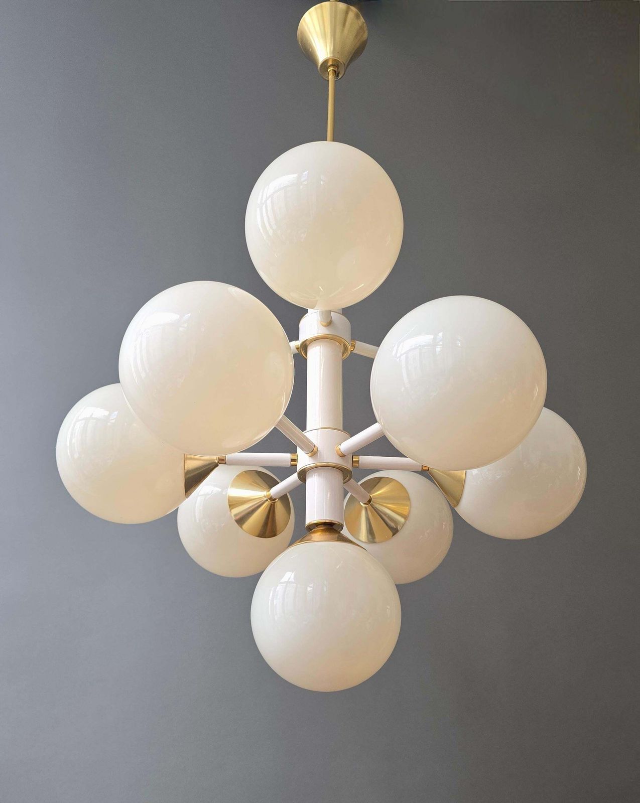 Large Italian 12 Light Sputnik Chandelier In White And Brass, 1970s photo 2665.0