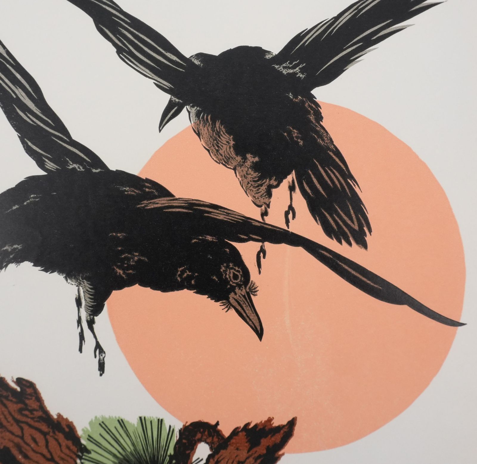 Japanese Print, The Flight Of The Crows At Sunset   Signed Woodcut photo 133.0