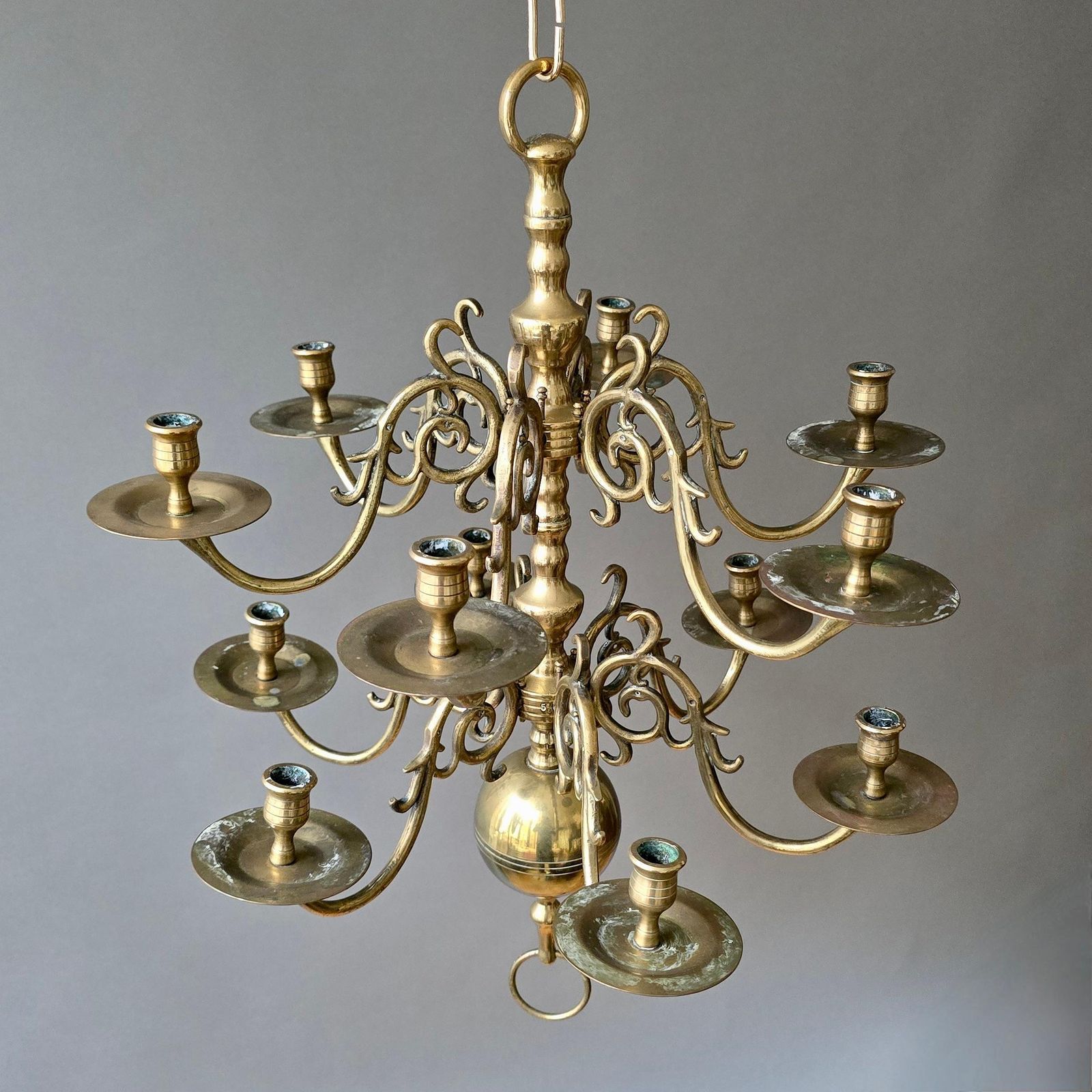 Dutch Baroque Revival 19th Century Solid Cast Brass Chandelier With 12 Candle photo 2616.0