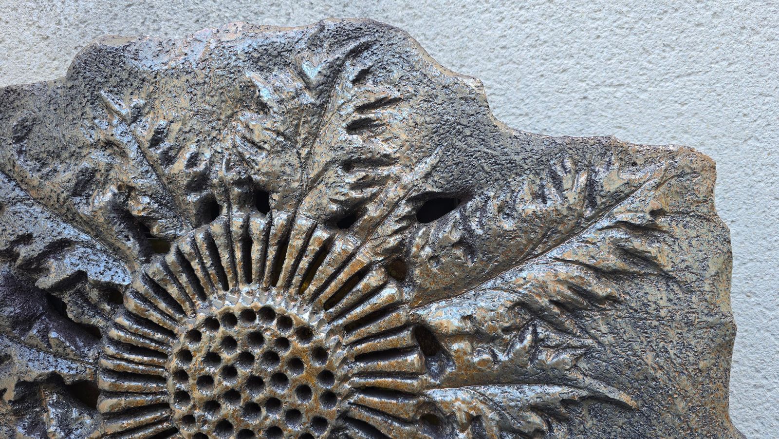 photo for sale Large French Vallauris Ceramic Sunburst Light Sculpture, Signed Maumus, 1970s