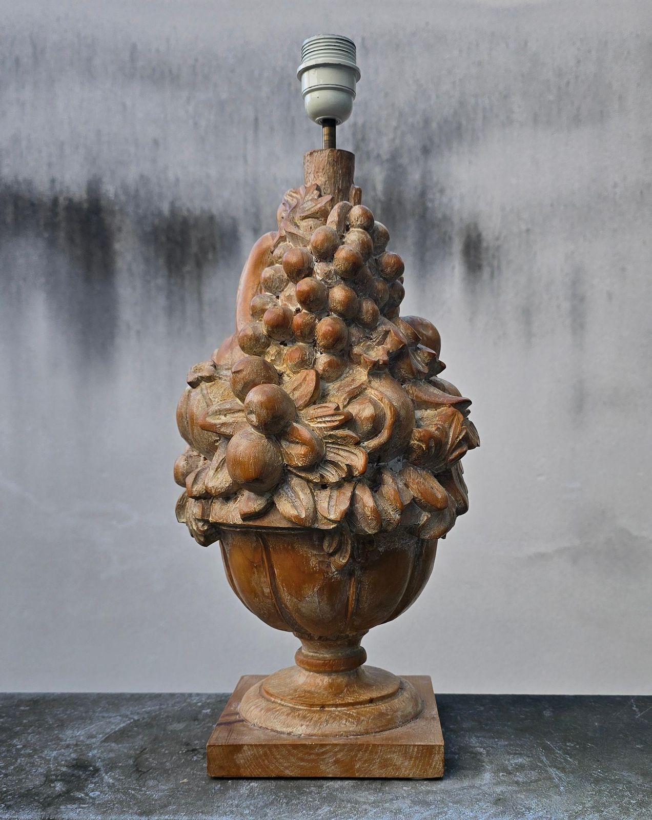 Large Hand Carved Wooden Fruit Trophy Table Lamp, Italy Or France, 1950s photo furniture