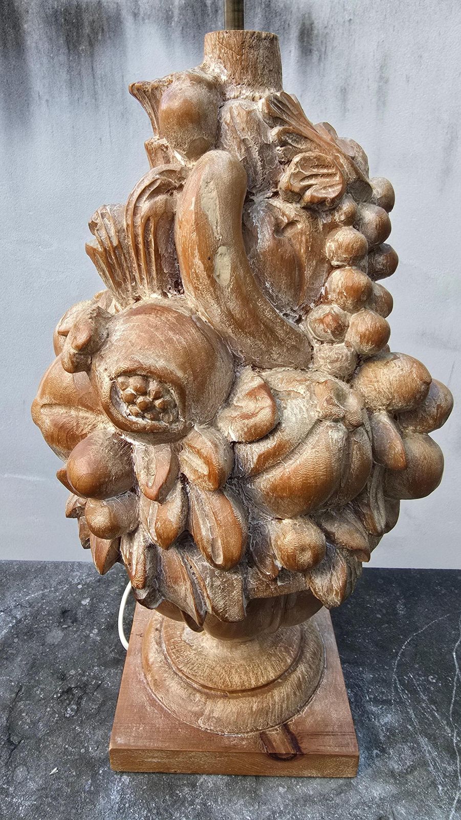 Large Hand Carved Wooden Fruit Trophy Table Lamp, Italy Or France, 1950s photo for sale