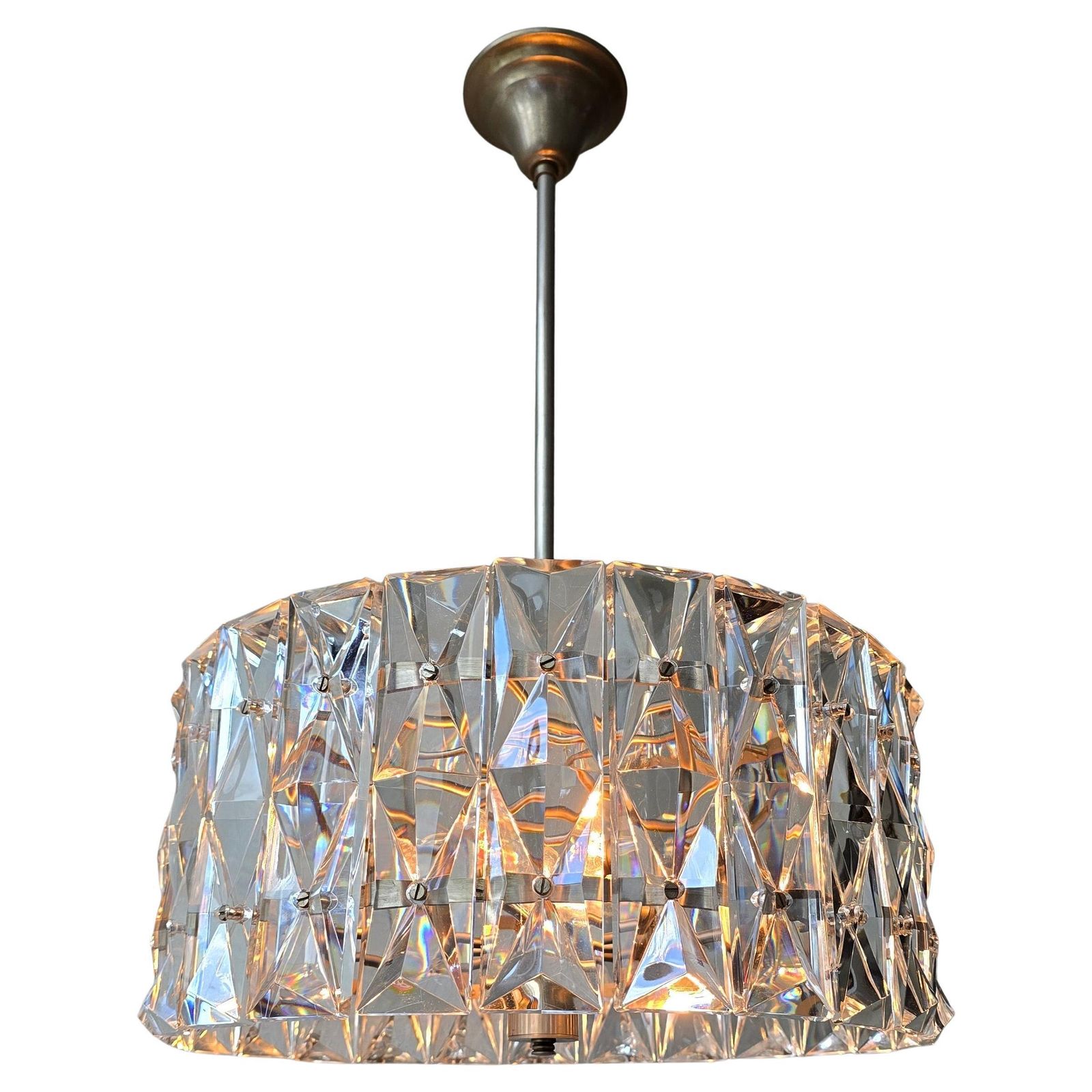 Mid Century Italian Crystal Glass Pendant Lamp With Nickel Frame, 1960s