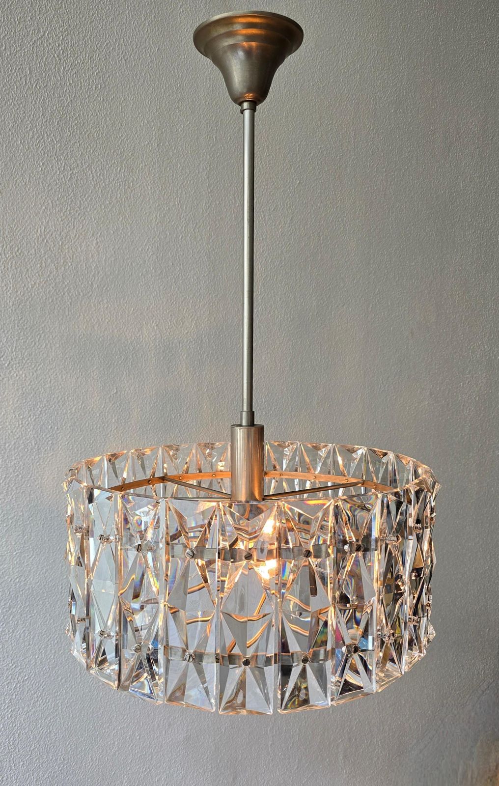 Mid Century Italian Crystal Glass Pendant Lamp With Nickel Frame, 1960s photo vinterior