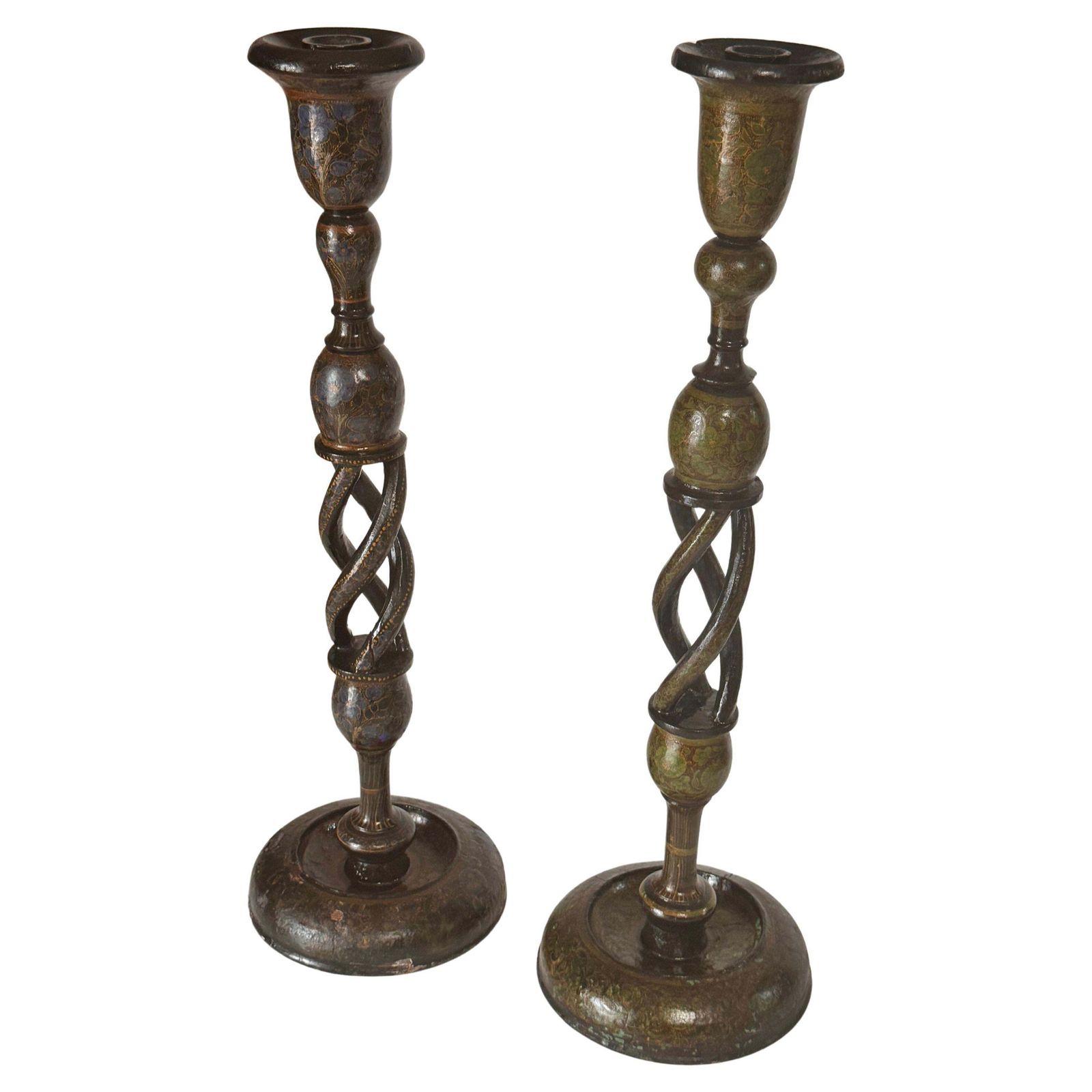 Pair Of Hand Painted Wooden Candlesticks — France, 1970s