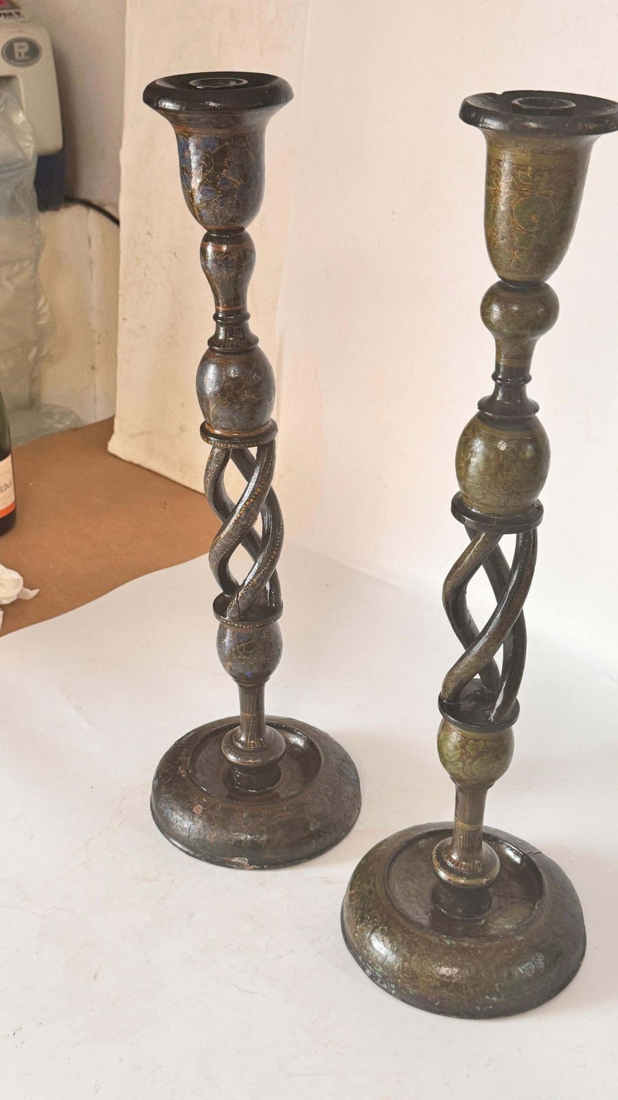 Pair Of Hand Painted Wooden Candlesticks — France, 1970s photo 478.0