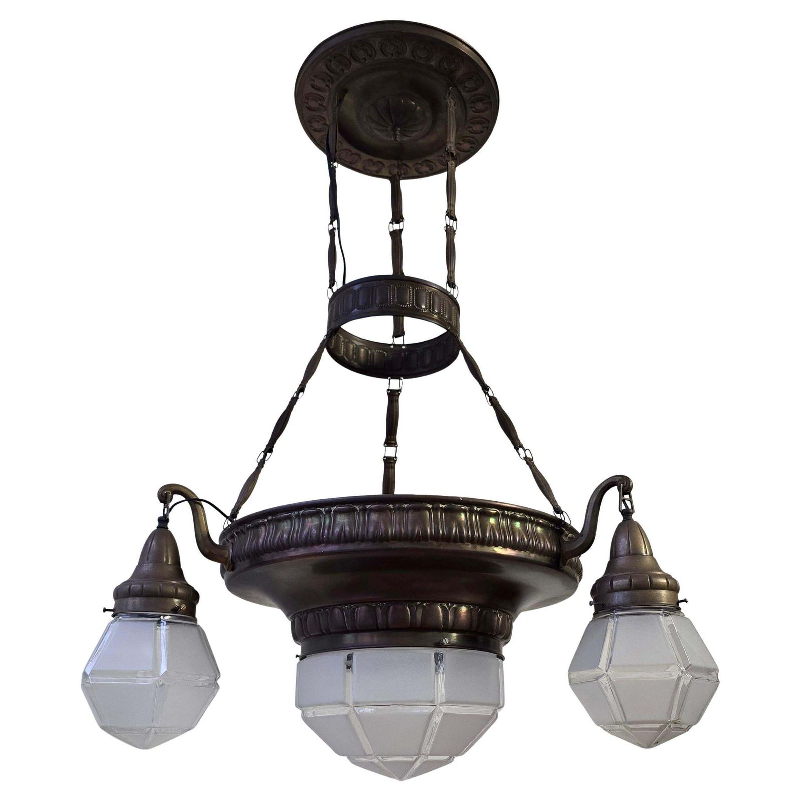 Large French Art Deco Brass Chandelier With Frosted Geometric Glass Shades photo furniture